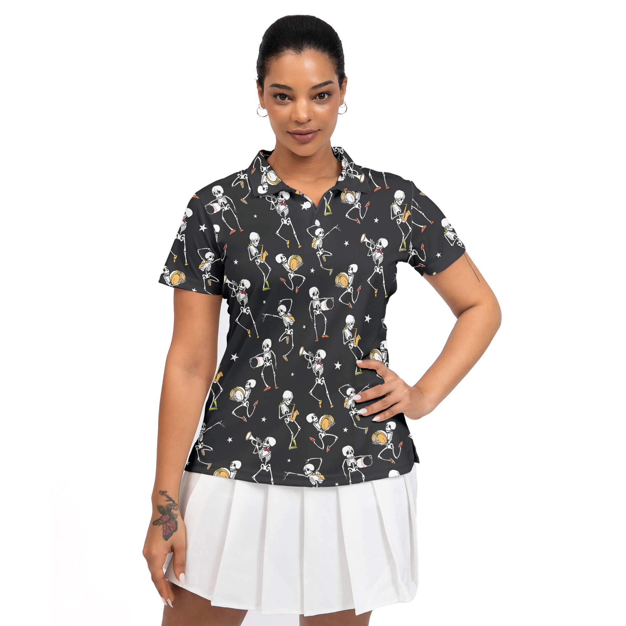 Funny Halloween Vintage Pattern Skull Dancing Halloween Women Polo Shirt - HYPERFAVOR