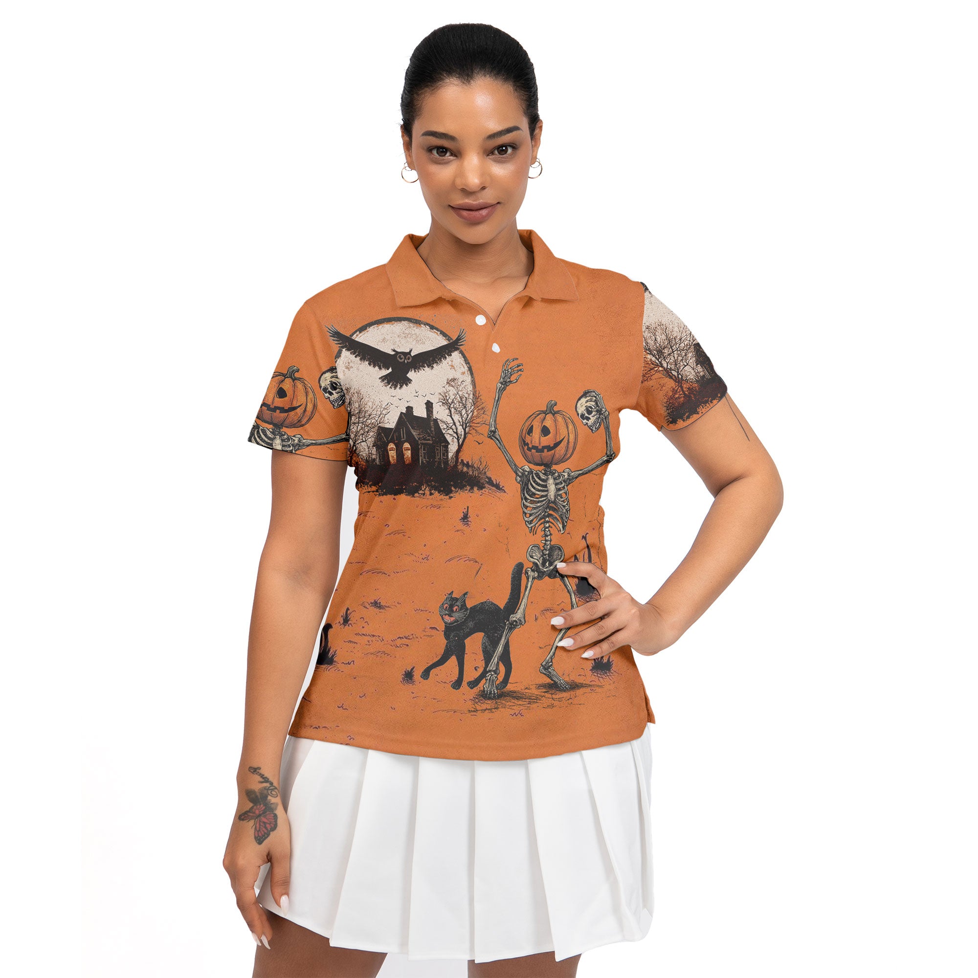 Funny Retro Pumpkins Skull Halloween Silhouette Orange Women Polo Shirt- HYPERFAVOR