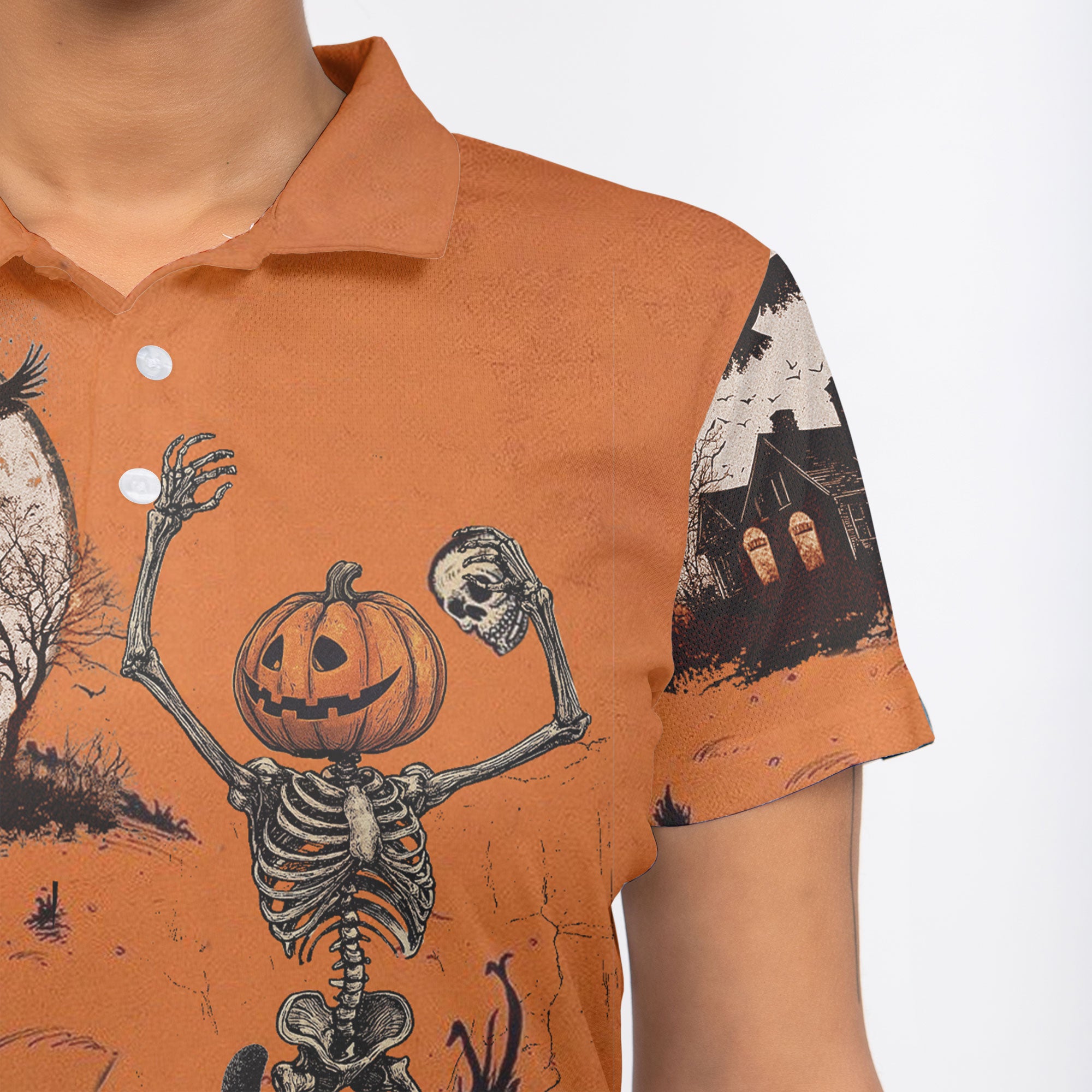 Funny Retro Pumpkins Skull Halloween Silhouette Orange Women Polo Shirt- HYPERFAVOR