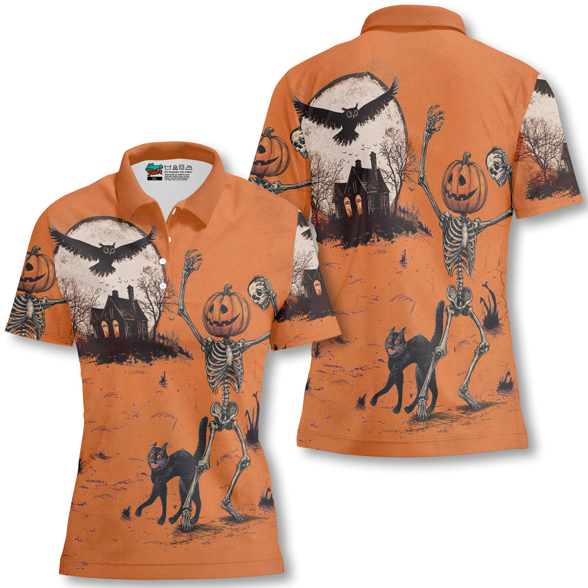 Funny Retro Pumpkins Skull Halloween Silhouette Orange Women Polo Shirt- HYPERFAVOR