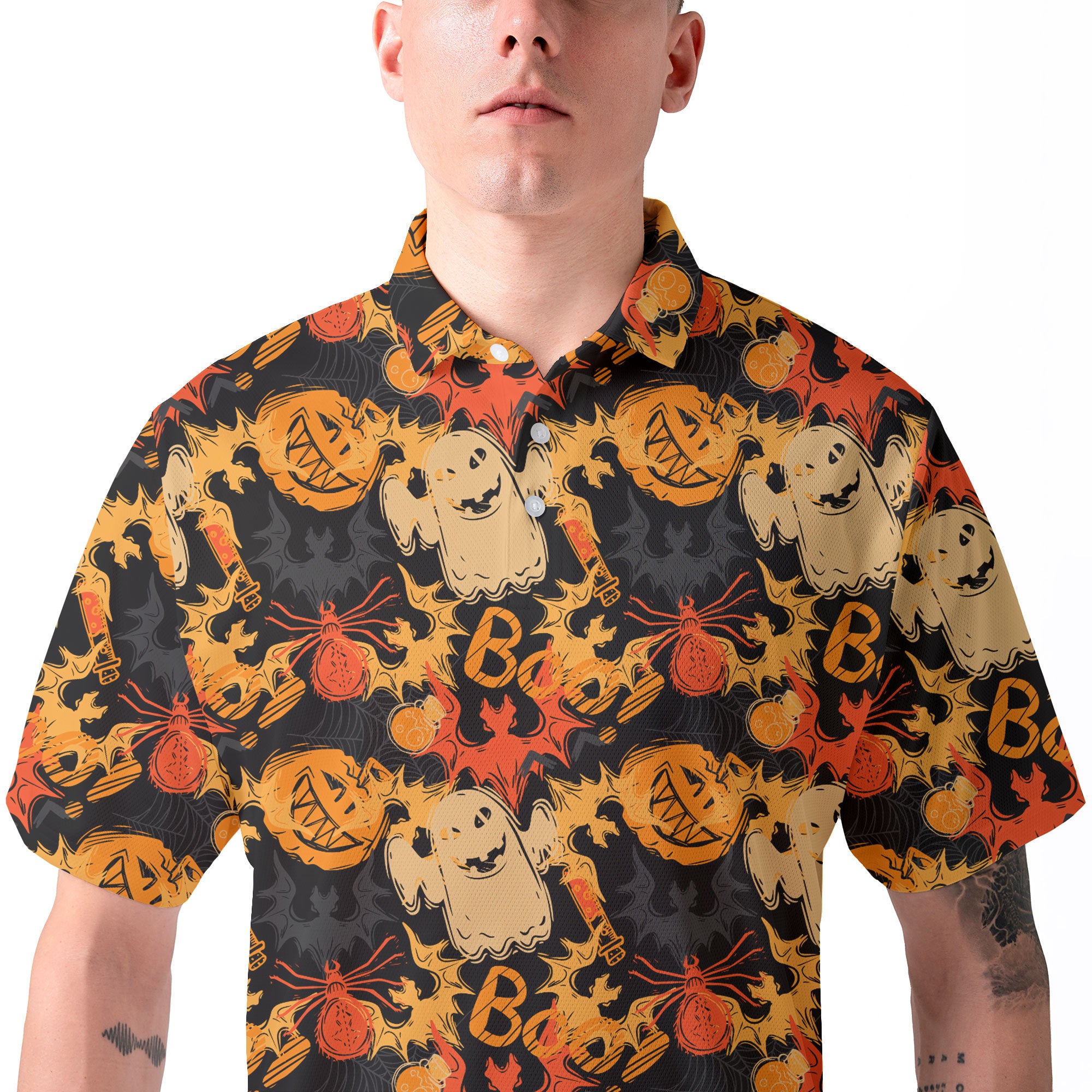 Funny Pumpkins Ghost Boo Halloween Abstract Seamless Pattern Polo Shirt - HYPERFAVOR