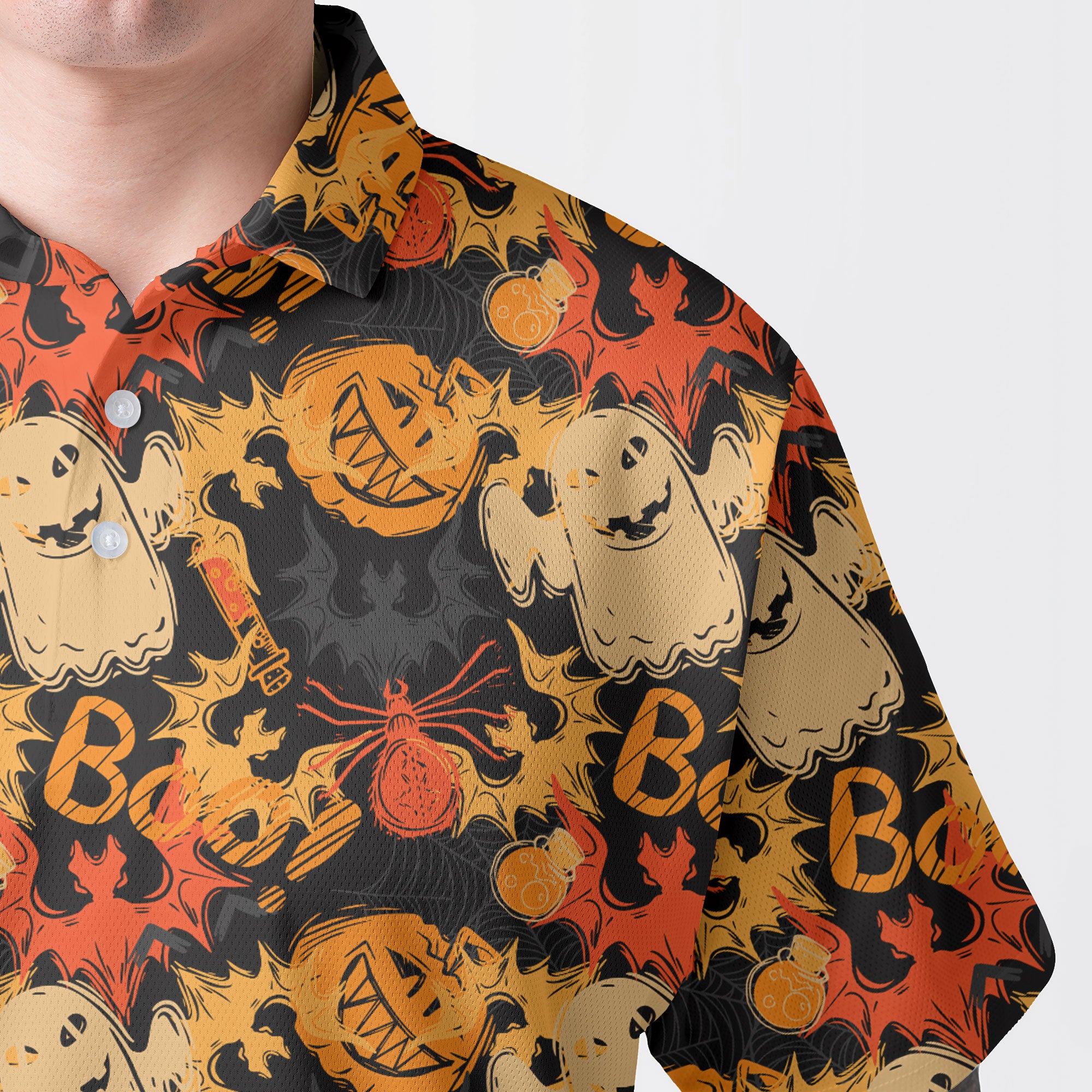 Funny Pumpkins Ghost Boo Halloween Abstract Seamless Pattern Polo Shirt - HYPERFAVOR