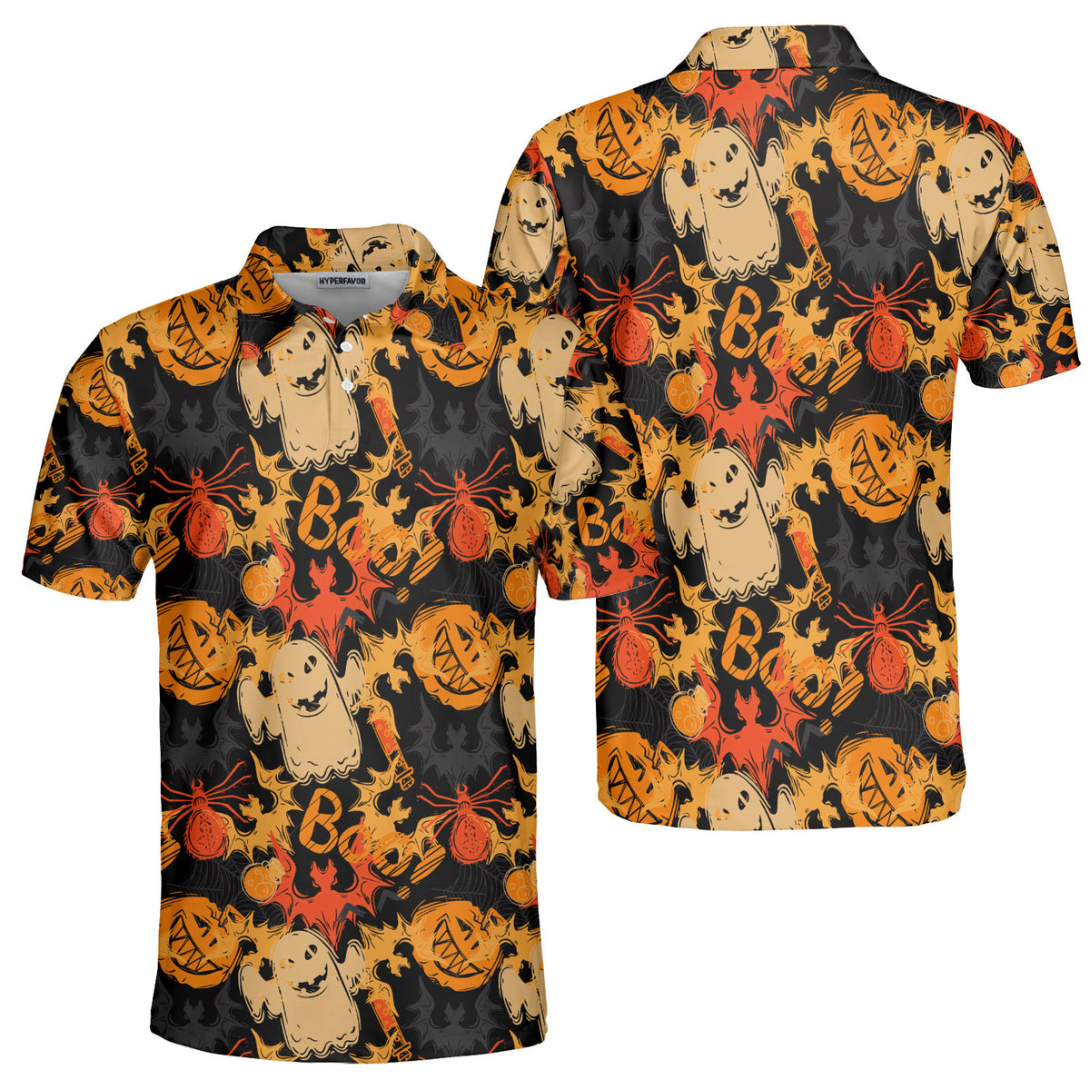 Funny Pumpkins Ghost Boo Halloween Abstract Seamless Pattern Polo Shirt - HYPERFAVOR