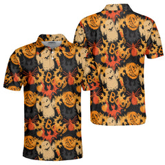 Funny Pumpkins Ghost Boo Halloween Abstract Seamless Pattern Polo Shirt - HYPERFAVOR