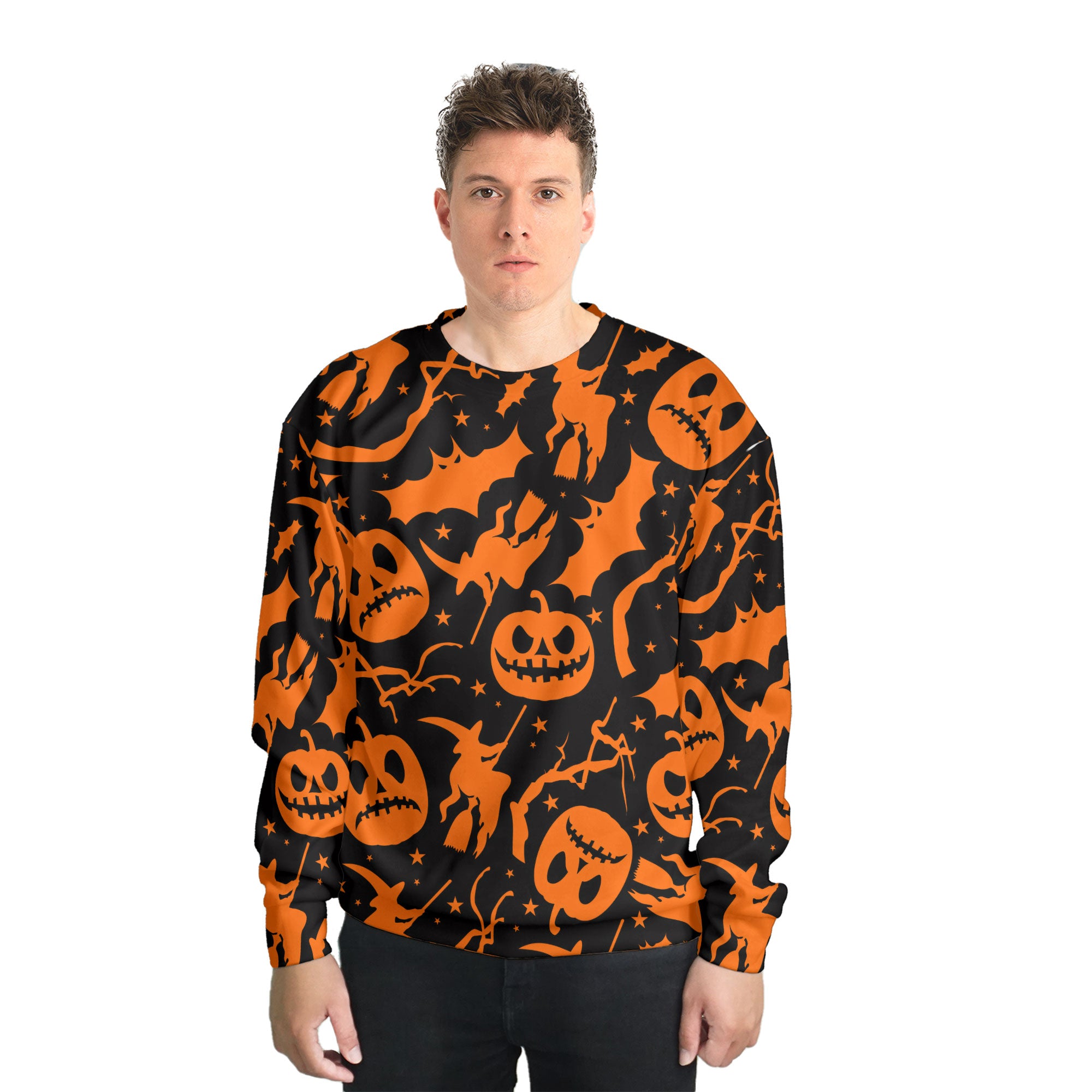 Funny Pumpkins & Witches Halloween Pattern Sweatshirt - HYPERFAVOR