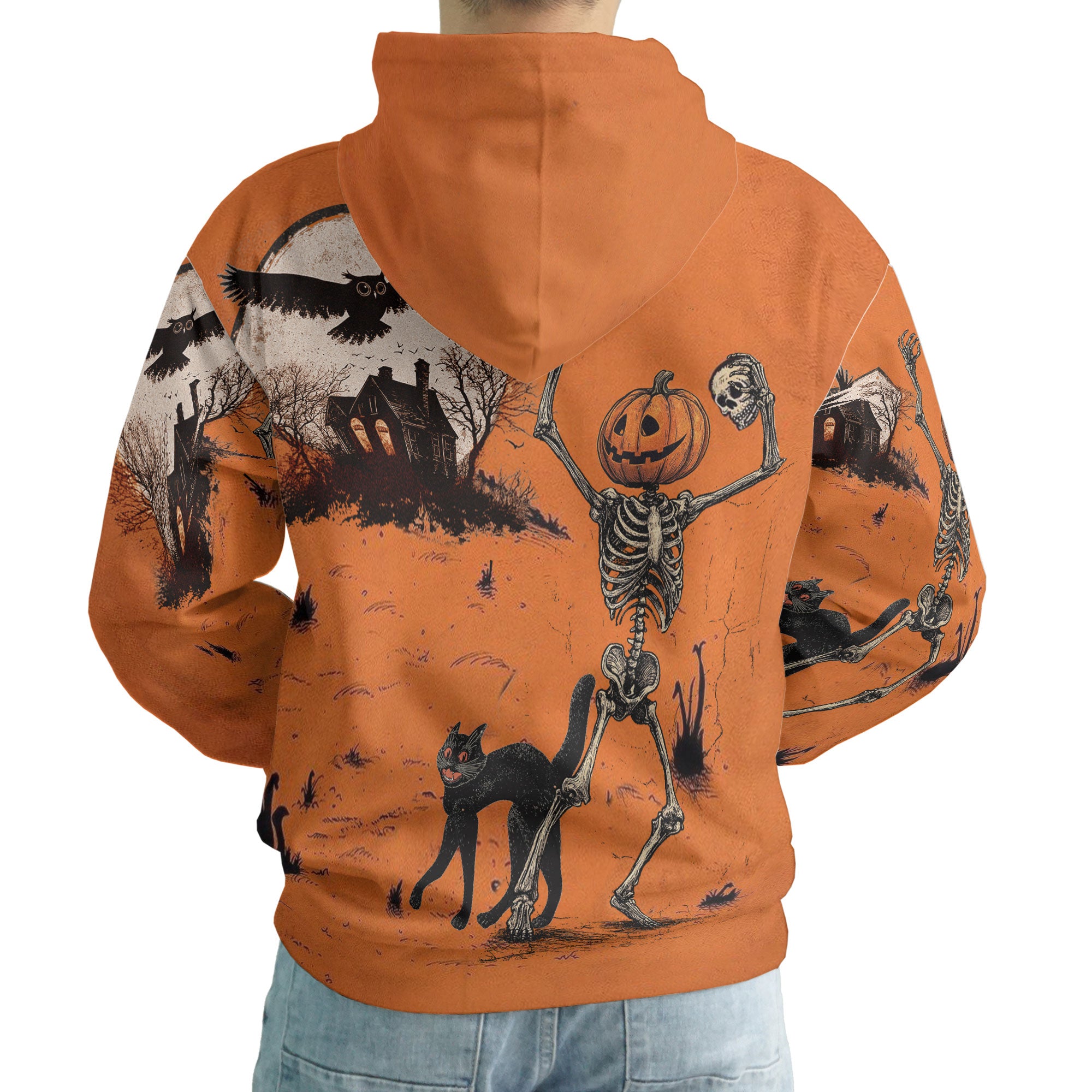 Funny Retro Pumpkins Skull Halloween Silhouette Orange Hoodie - HYPERFAVOR