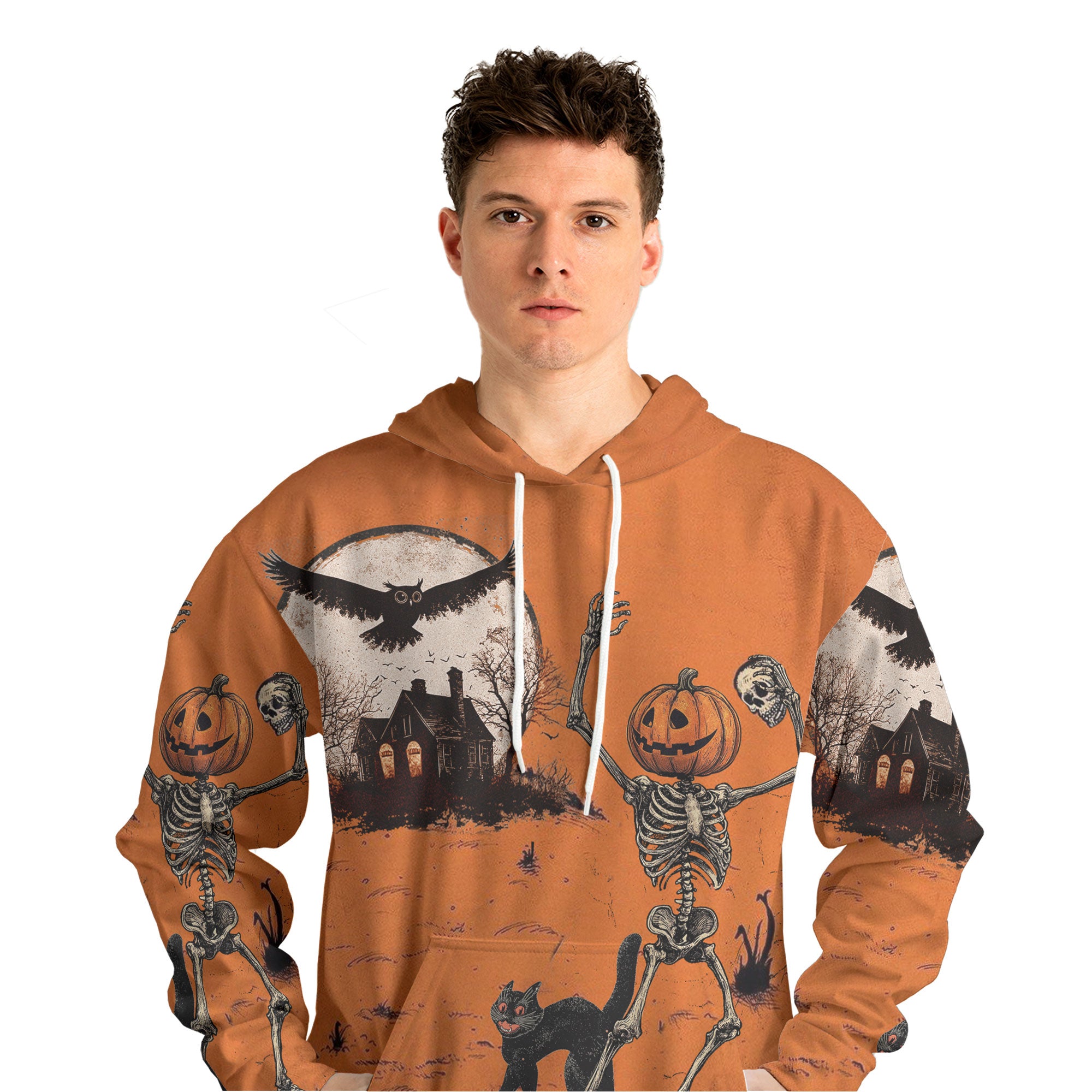 Funny Retro Pumpkins Skull Halloween Silhouette Orange Hoodie - HYPERFAVOR