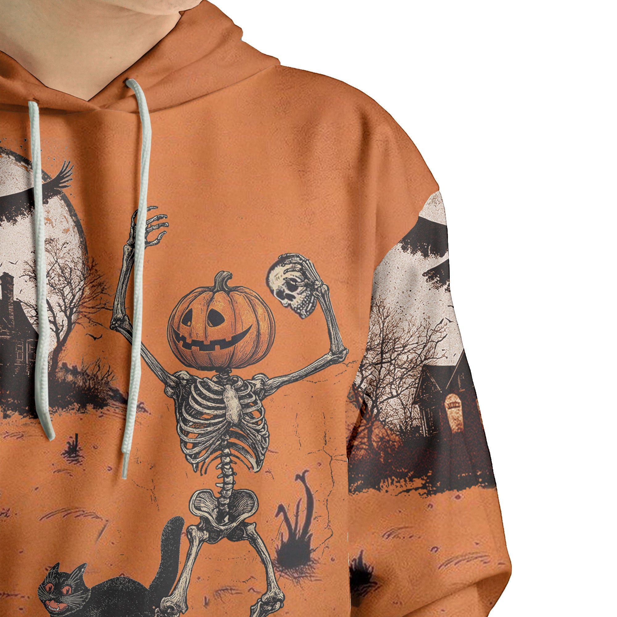 Funny Retro Pumpkins Skull Halloween Silhouette Orange Hoodie - HYPERFAVOR