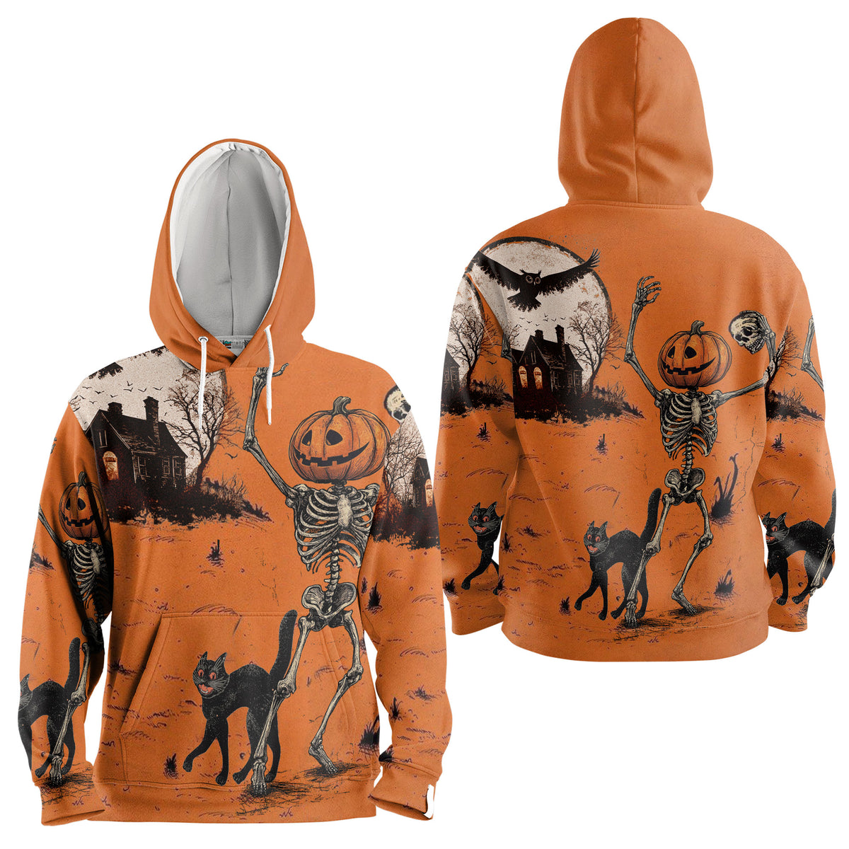 Funny Retro Pumpkins Skull Halloween Silhouette Orange Hoodie - HYPERFAVOR