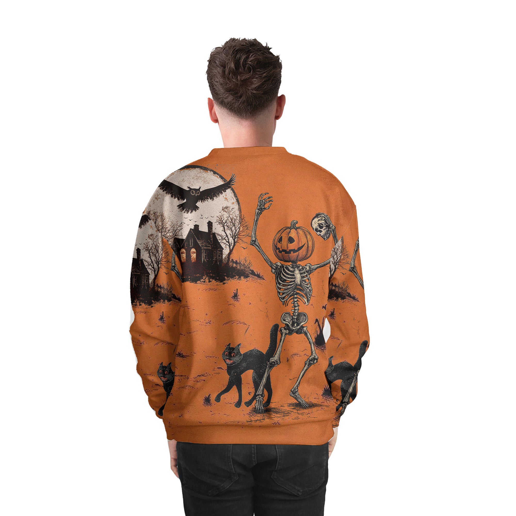 Funny Retro Pumpkins Skull Halloween Silhouette Orange Sweatshirt - HYPERFAVOR