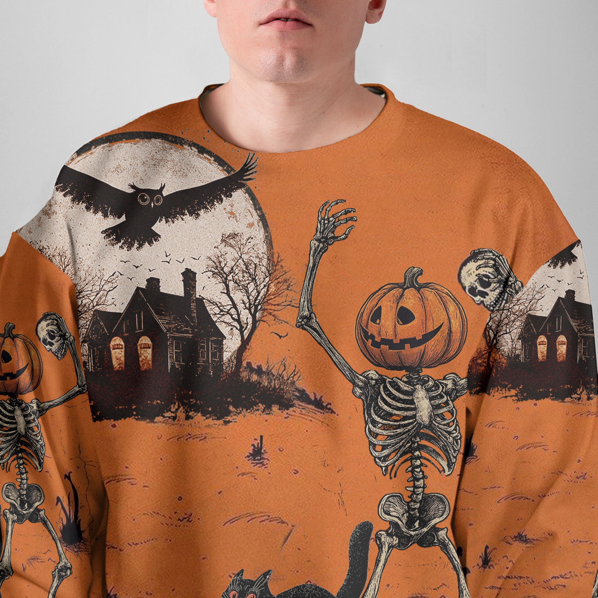 Funny Retro Pumpkins Skull Halloween Silhouette Orange Sweatshirt - HYPERFAVOR