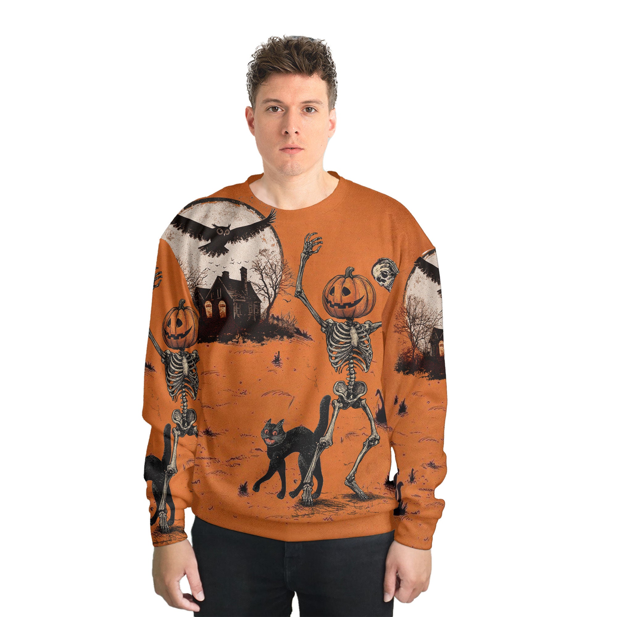 Funny Retro Pumpkins Skull Halloween Silhouette Orange Sweatshirt - HYPERFAVOR