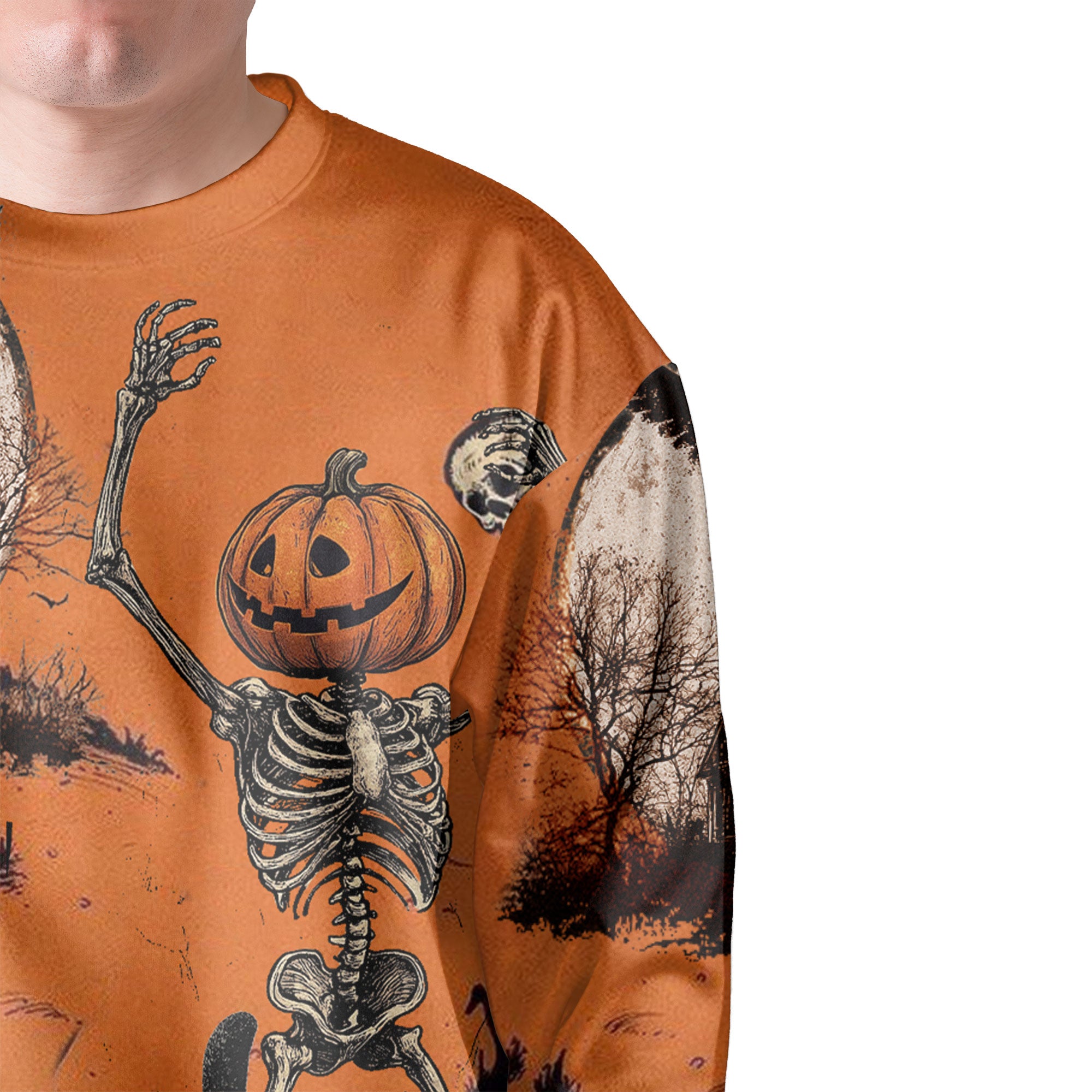 Funny Retro Pumpkins Skull Halloween Silhouette Orange Sweatshirt - HYPERFAVOR