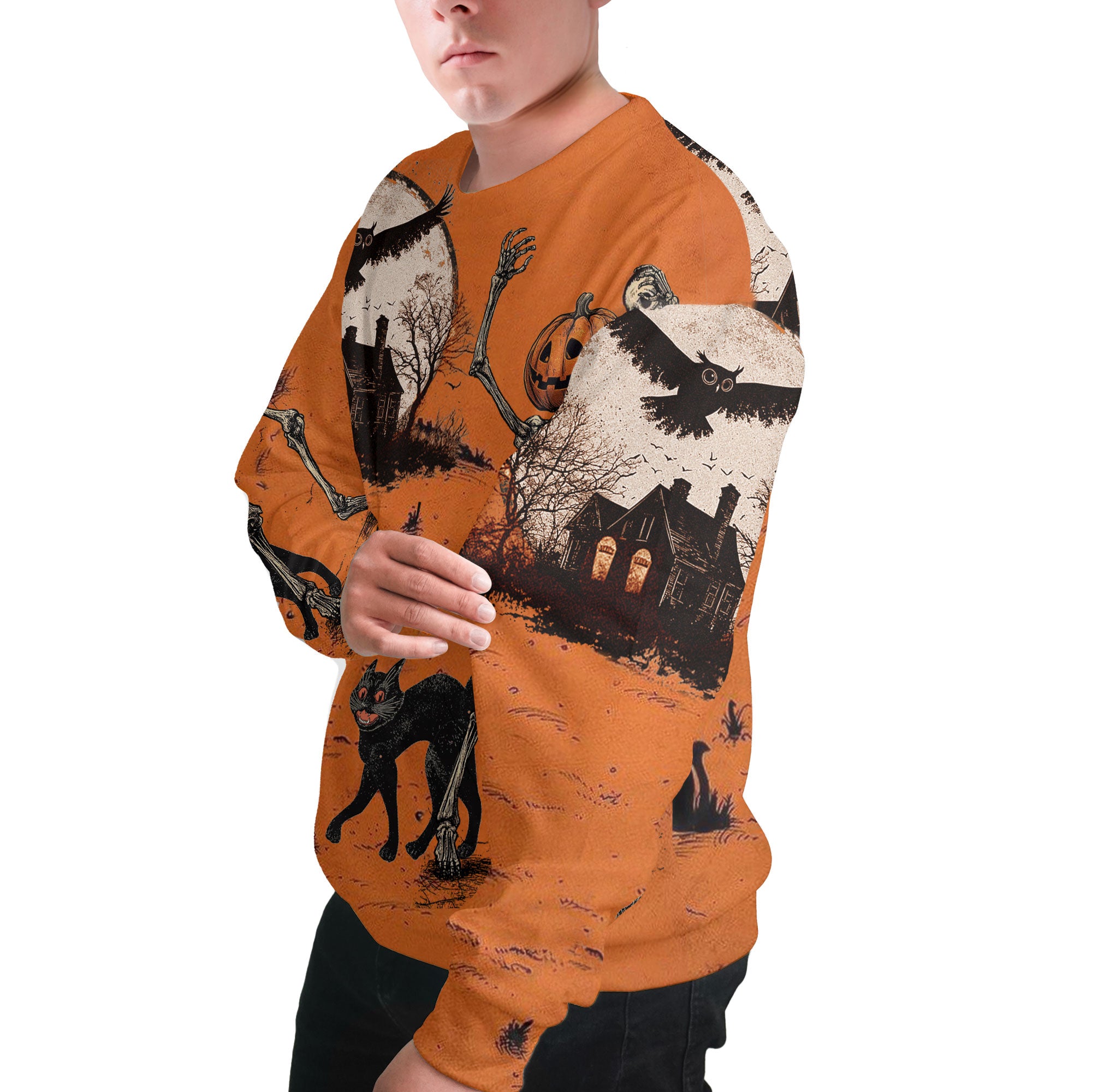 Funny Retro Pumpkins Skull Halloween Silhouette Orange Sweatshirt - HYPERFAVOR