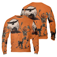 Funny Retro Pumpkins Skull Halloween Silhouette Orange Sweatshirt - HYPERFAVOR