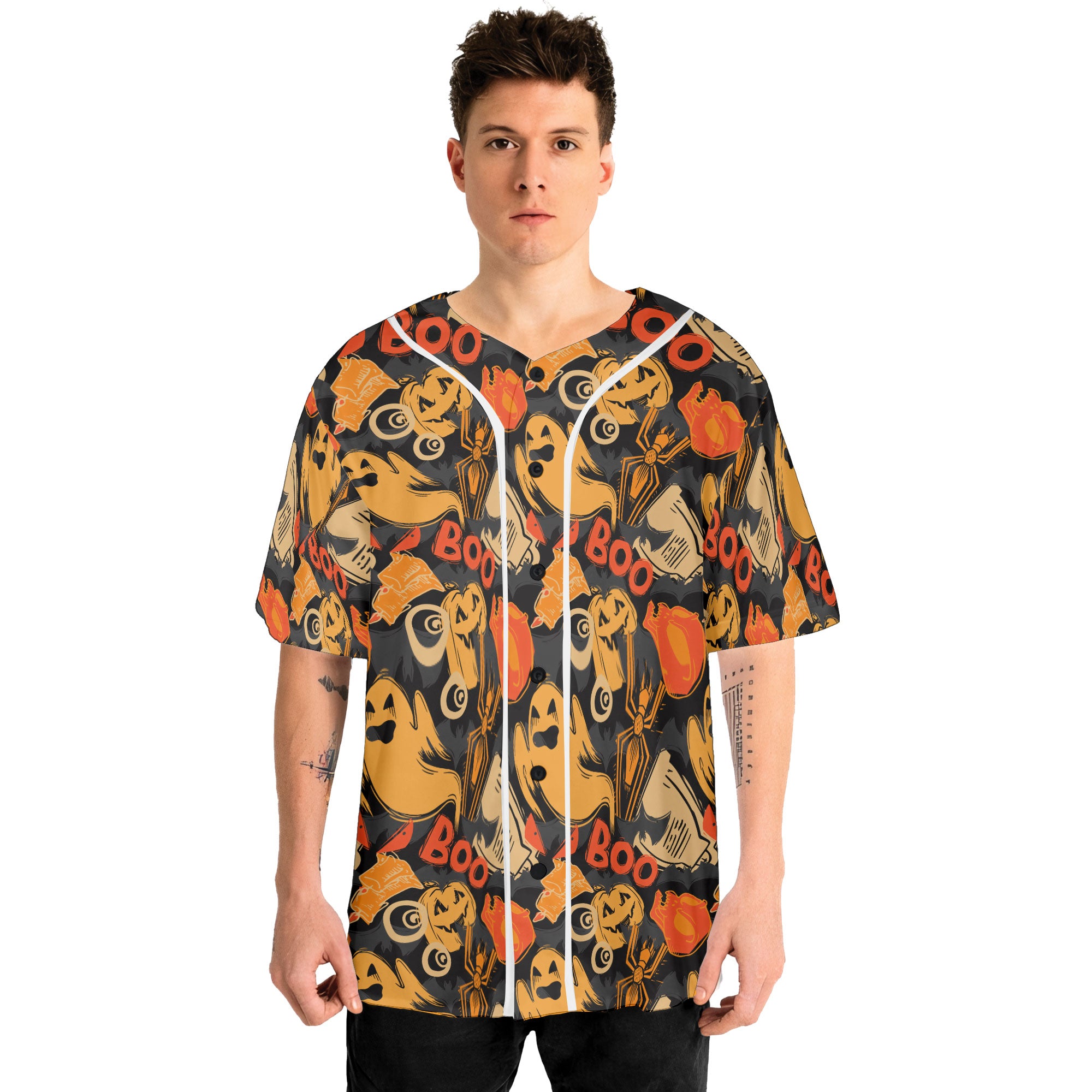 Ghost Pumpkins Halloween Abstract Seamless Pattern Baseball Jersey - HYPERFAVOR