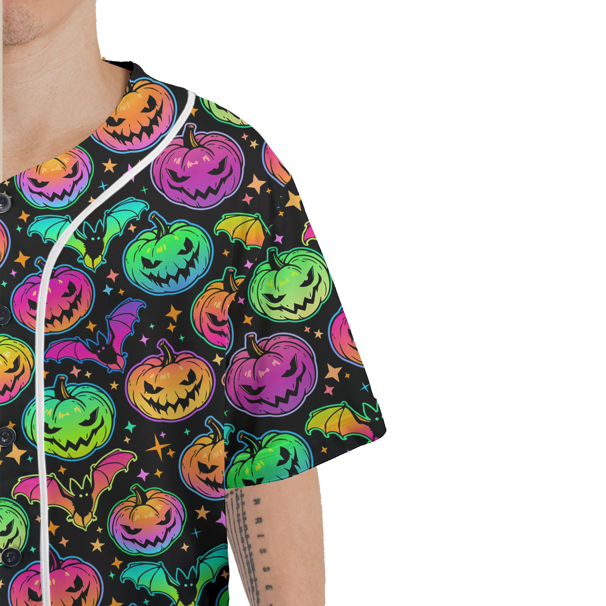 Neon Ghost Pumpkin Halloween Baseball Jersey - HYPERFAVOR