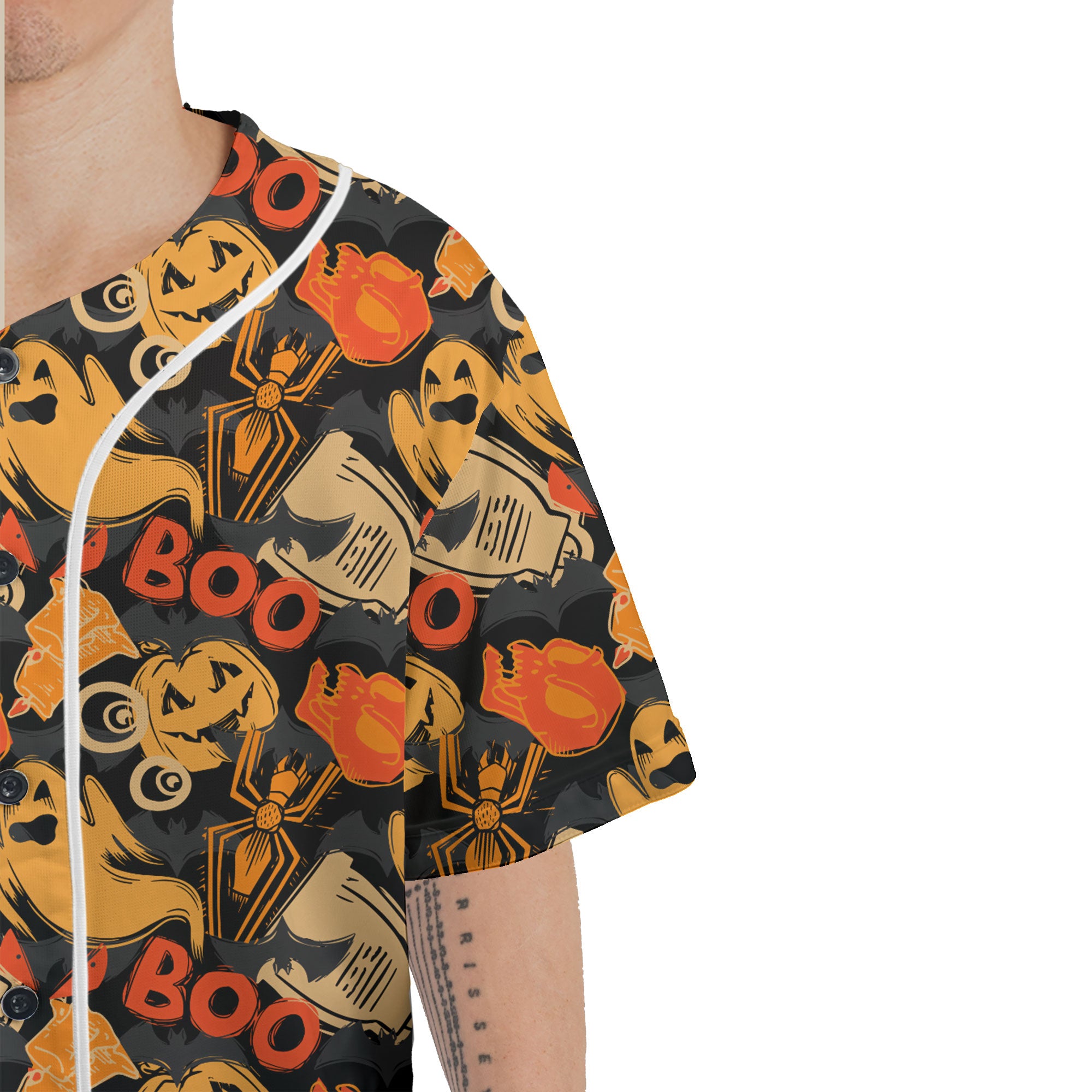 Ghost Pumpkins Halloween Abstract Seamless Pattern Baseball Jersey - HYPERFAVOR