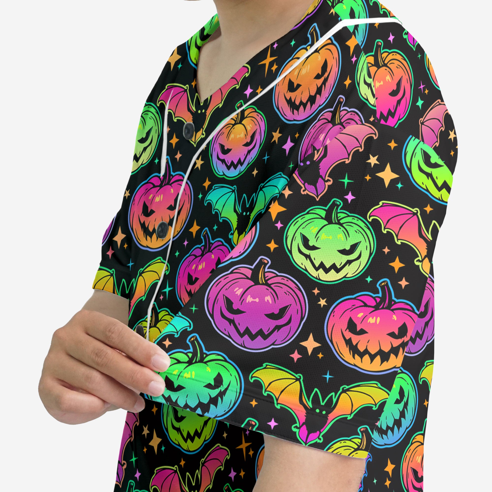 Neon Ghost Pumpkin Halloween Baseball Jersey - HYPERFAVOR