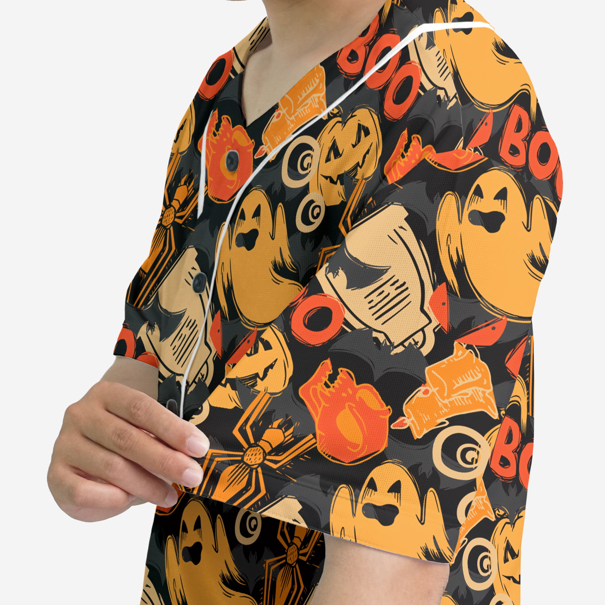 Ghost Pumpkins Halloween Abstract Seamless Pattern Baseball Jersey - HYPERFAVOR