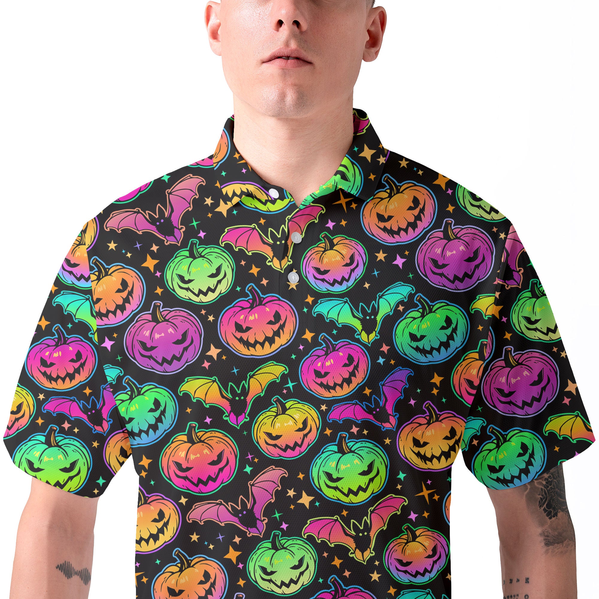 Neon Ghost Pumpkin Halloween Polo Shirt - HYPERFAVOR