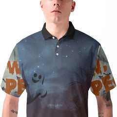 Scary Ghost Pumpkins In Midnight Halloween Polo Shirt - HYPERFAVOR