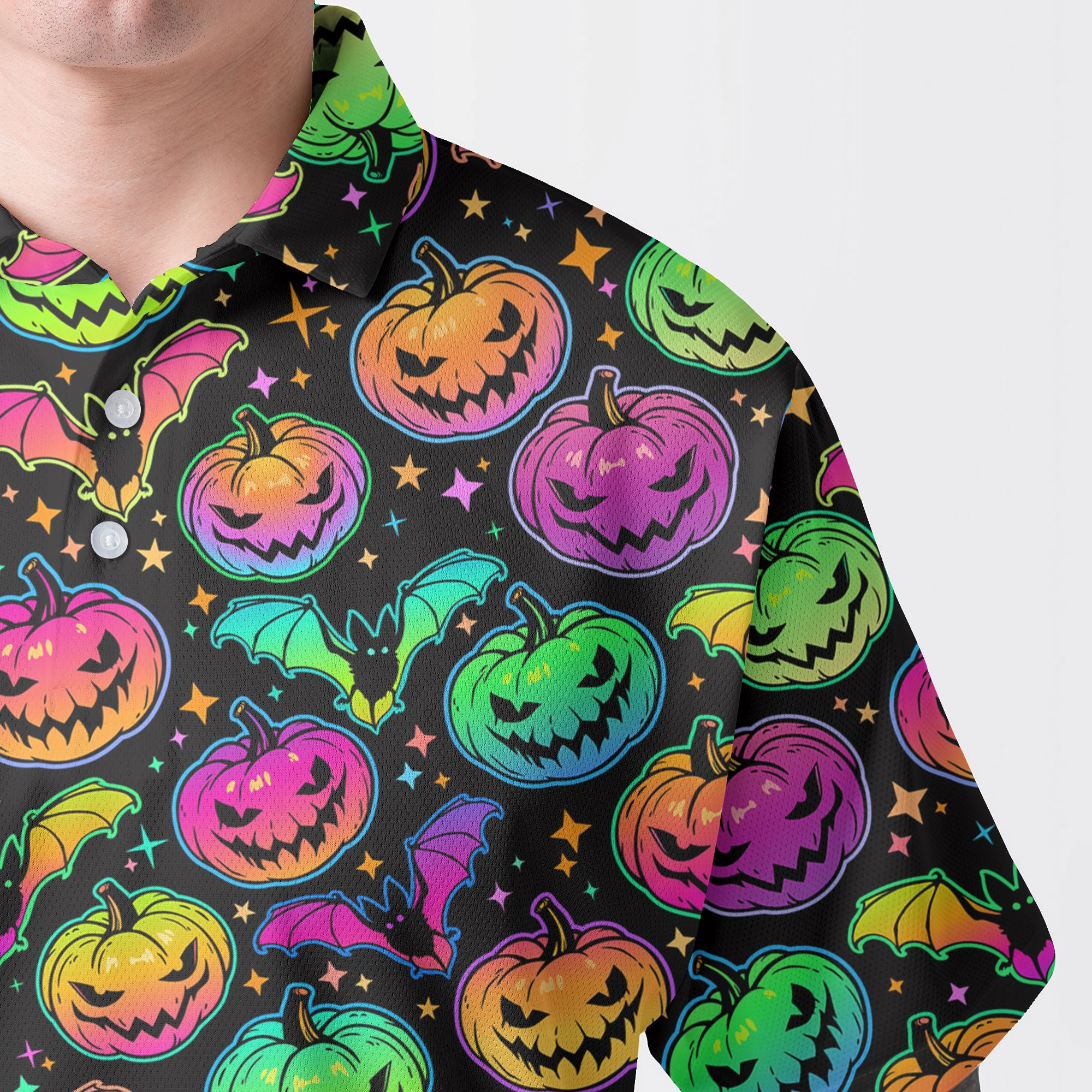 Neon Ghost Pumpkin Halloween Polo Shirt - HYPERFAVOR