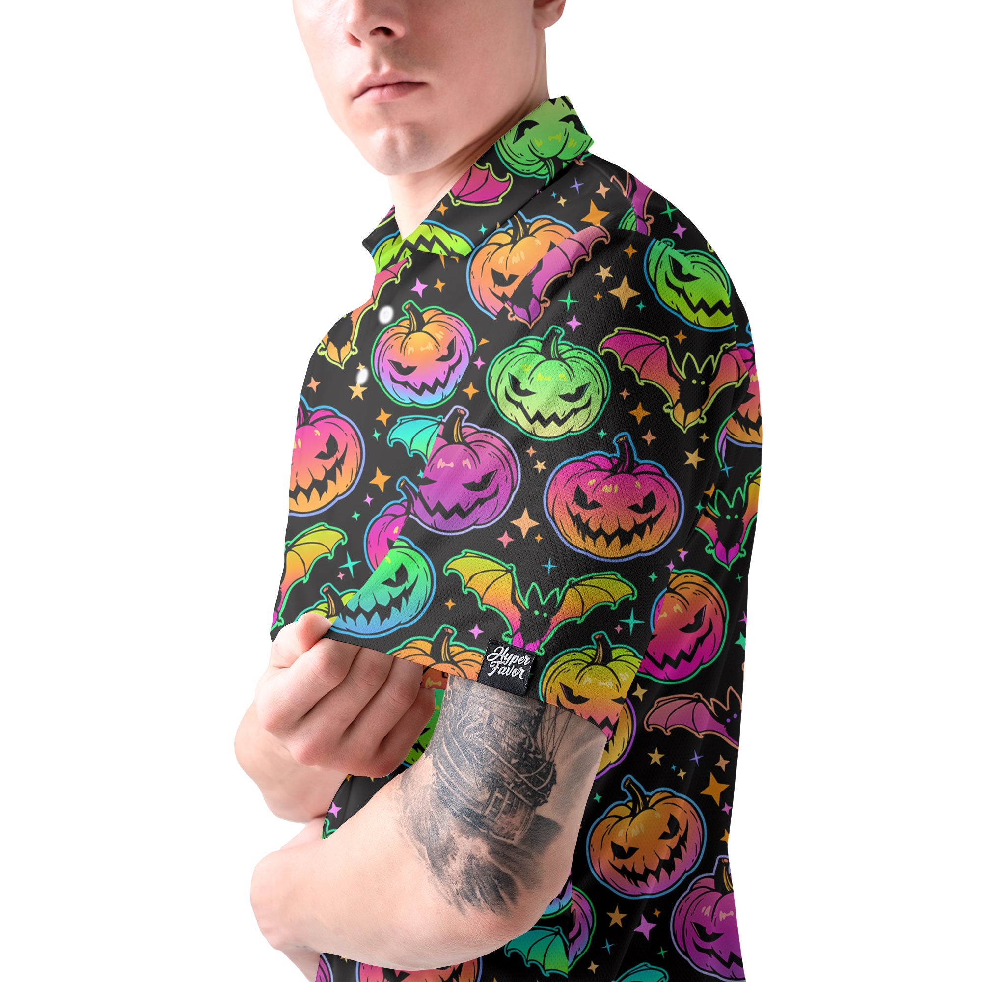 Neon Ghost Pumpkin Halloween Polo Shirt - HYPERFAVOR