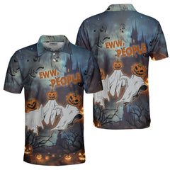 Scary Ghost Pumpkins In Midnight Halloween Polo Shirt - HYPERFAVOR