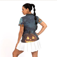 Scary Ghost Pumpkins In Midnight Halloween Woman Polo Shirt - HYPERFAVOR