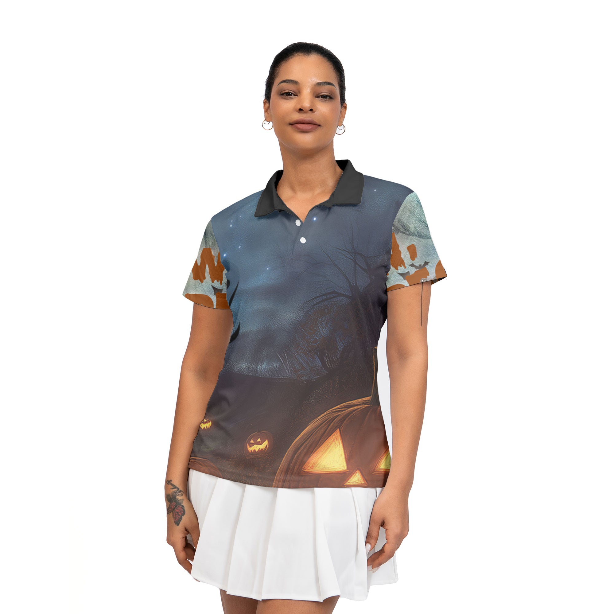 Scary Ghost Pumpkins In Midnight Halloween Woman Polo Shirt - HYPERFAVOR