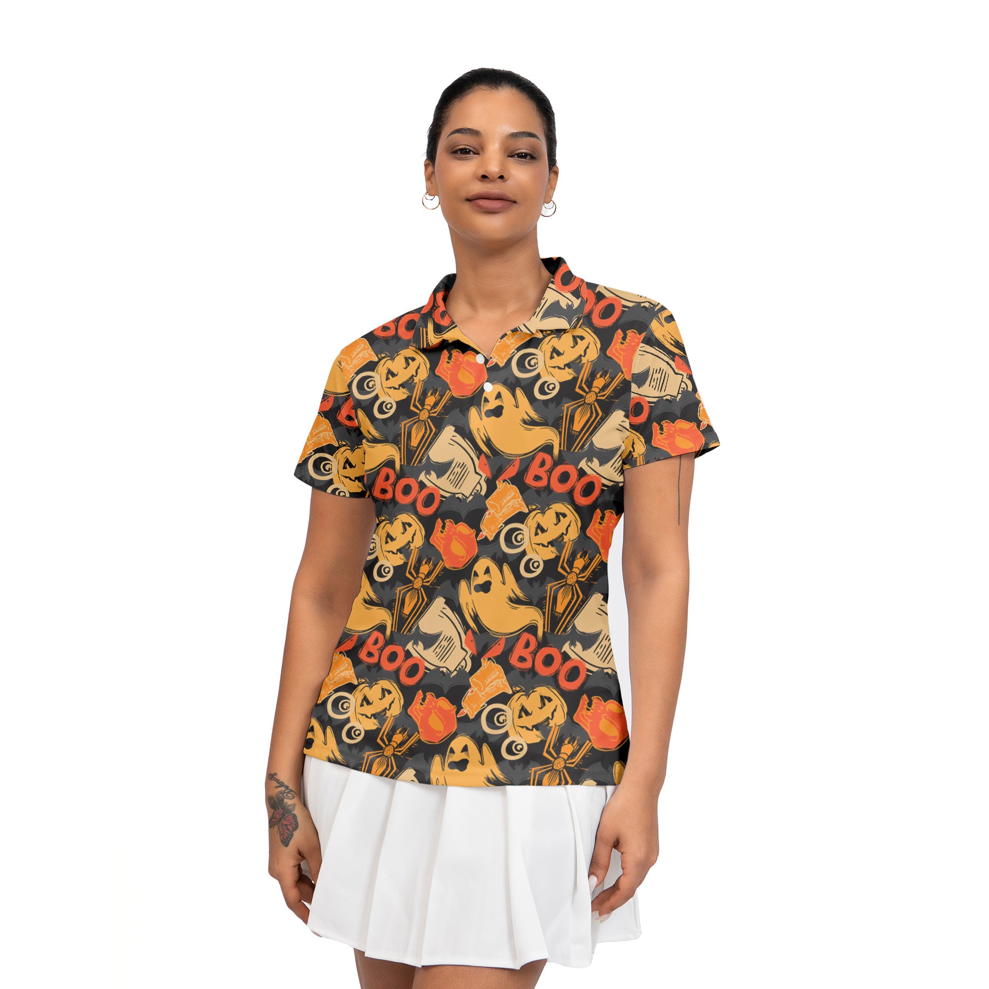 Ghost Pumpkins Halloween Abstract Seamless Pattern Woman Polo Shirt - HYPERFAVOR