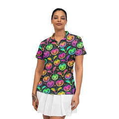 Neon Ghost Pumpkin Halloween Women Polo Shirt - HYPERFAVOR