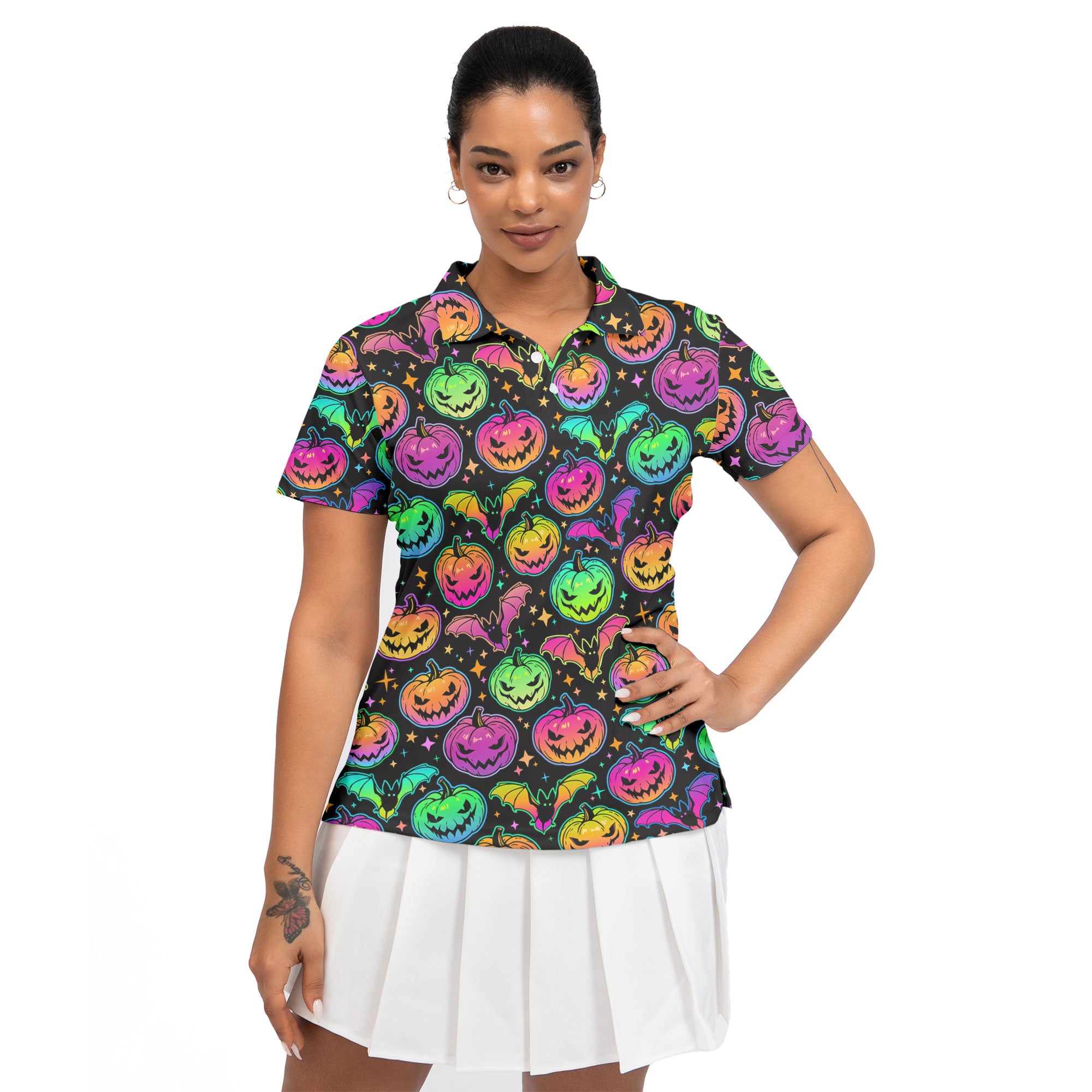 Neon Ghost Pumpkin Halloween Women Polo Shirt - HYPERFAVOR