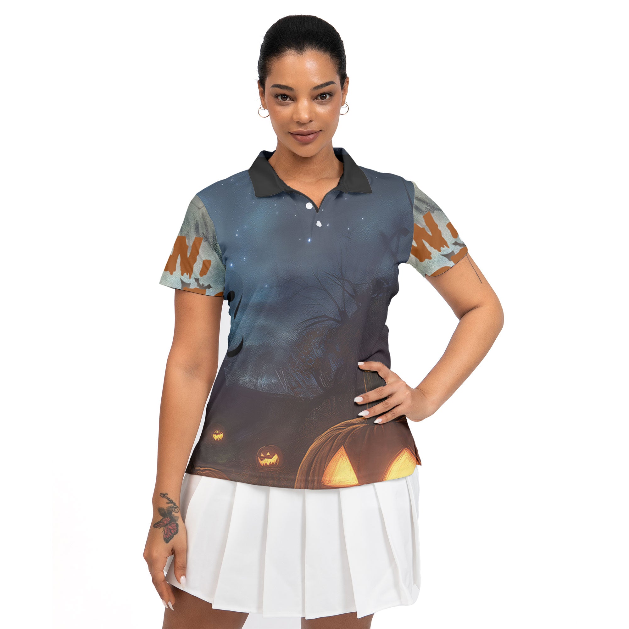 Scary Ghost Pumpkins In Midnight Halloween Woman Polo Shirt - HYPERFAVOR