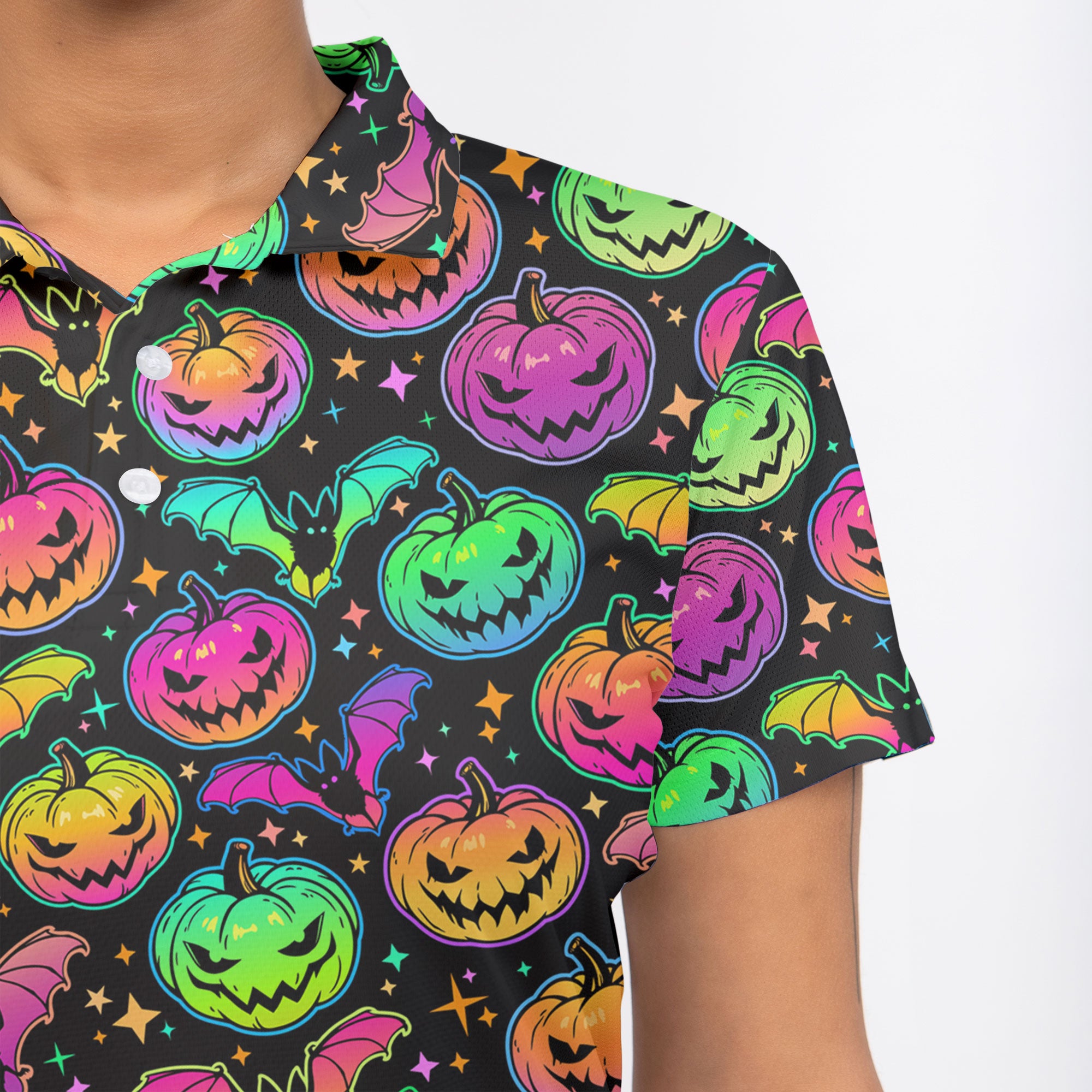 Neon Ghost Pumpkin Halloween Women Polo Shirt - HYPERFAVOR