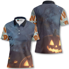 Scary Ghost Pumpkins In Midnight Halloween Woman Polo Shirt - HYPERFAVOR