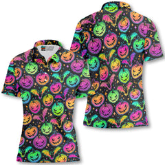 Neon Ghost Pumpkin Halloween Women Polo Shirt - HYPERFAVOR