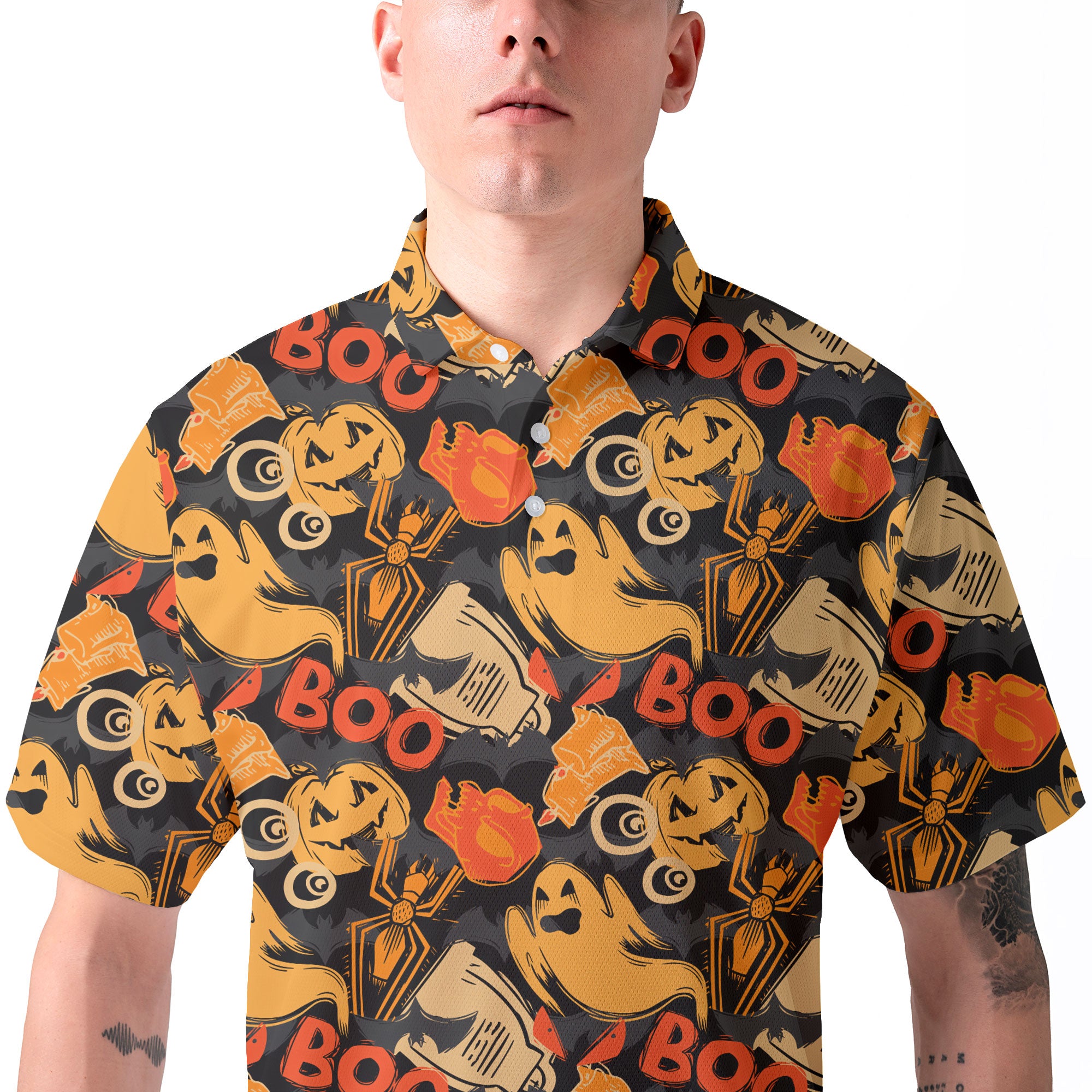 Ghost Pumpkins Halloween Abstract Seamless Pattern Polo Shirt - HYPERFAVOR