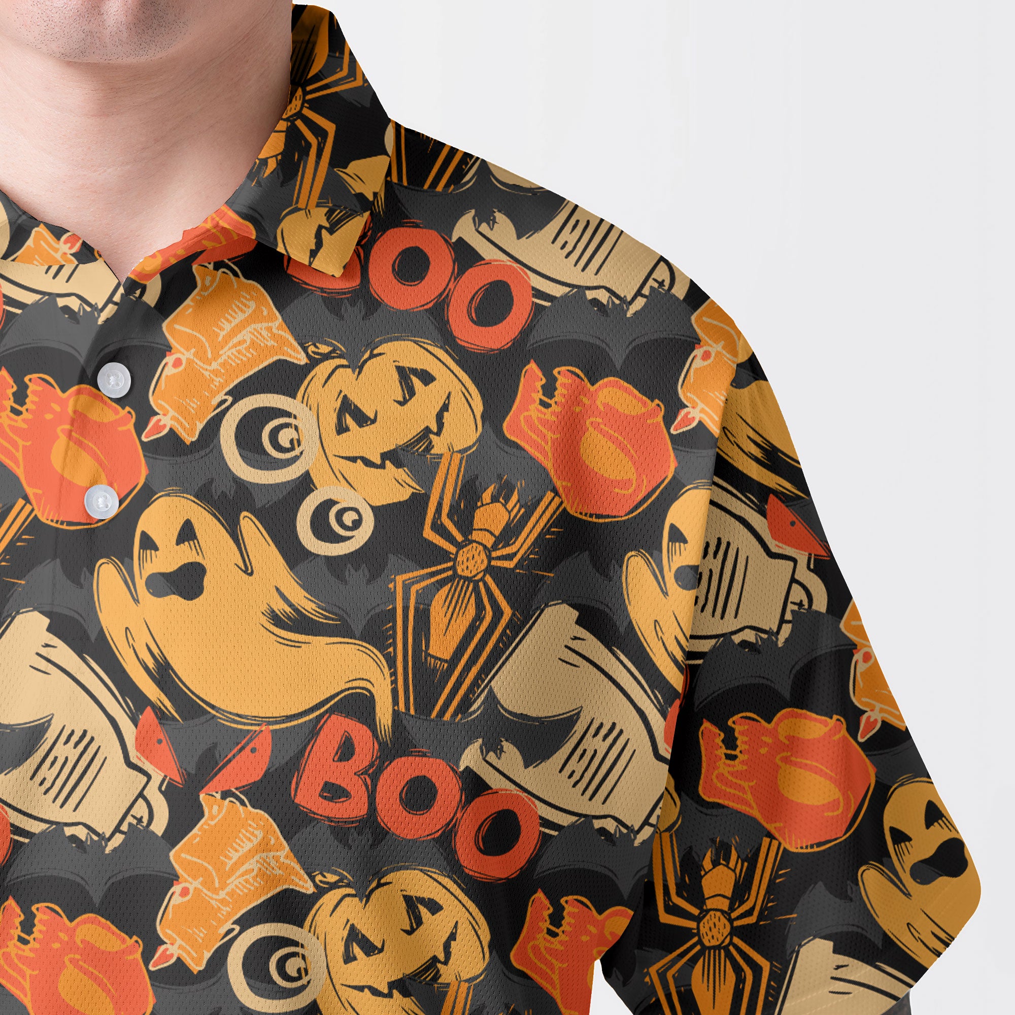 Ghost Pumpkins Halloween Abstract Seamless Pattern Polo Shirt - HYPERFAVOR