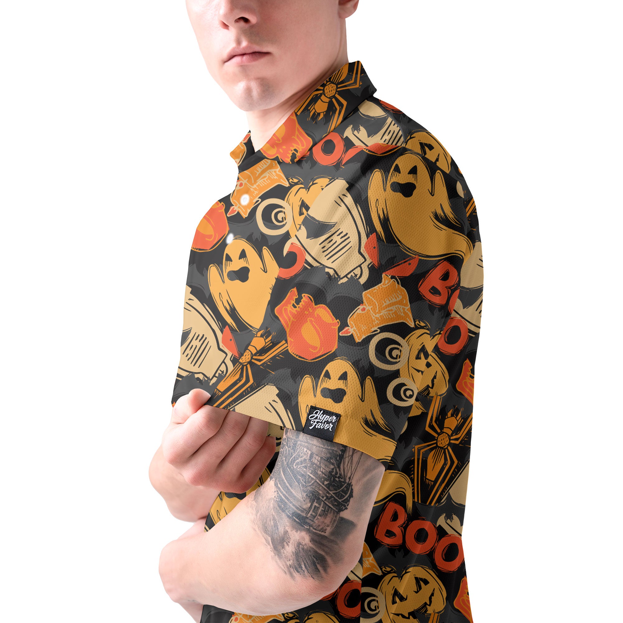 Ghost Pumpkins Halloween Abstract Seamless Pattern Polo Shirt - HYPERFAVOR