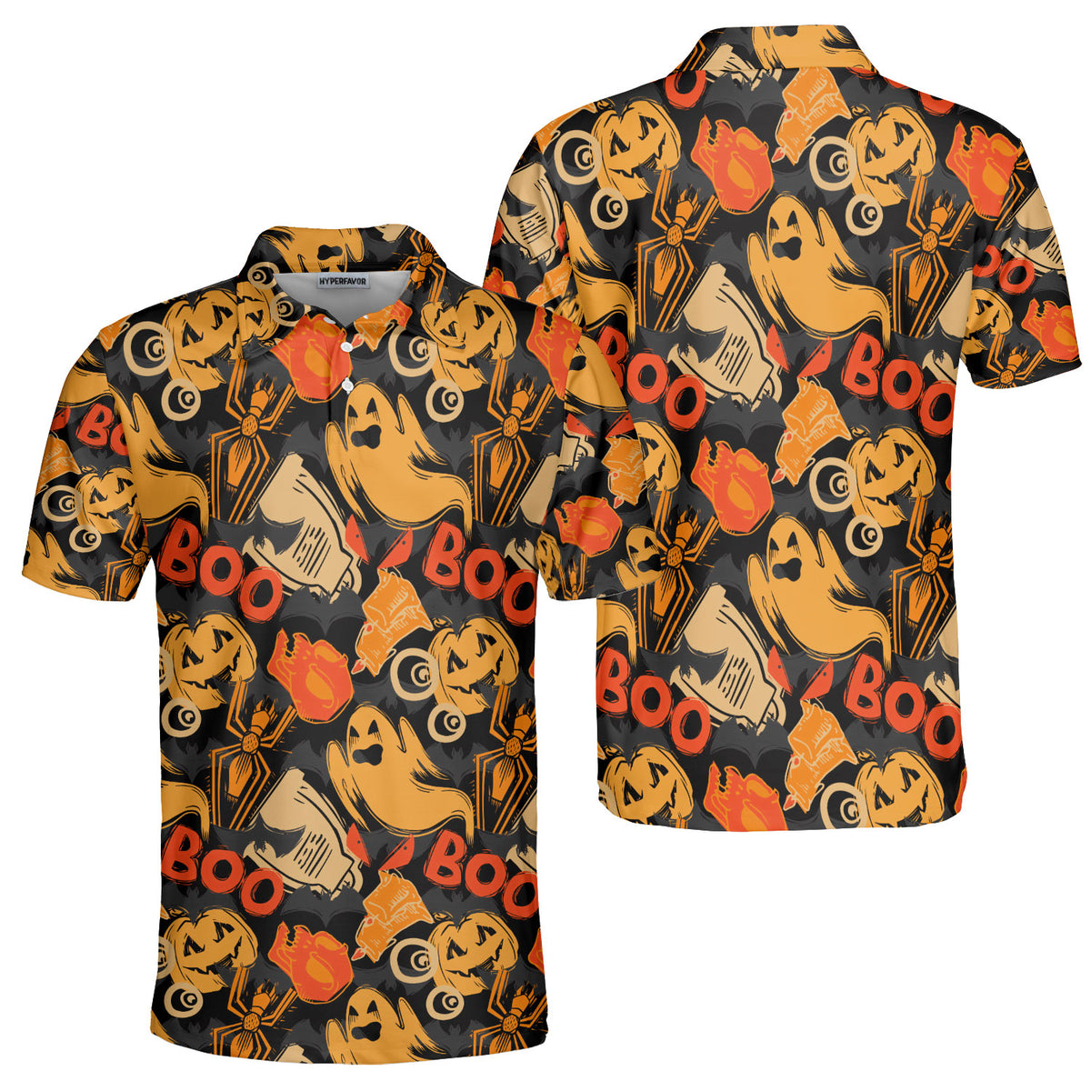 Ghost Pumpkins Halloween Abstract Seamless Pattern Polo Shirt - HYPERFAVOR