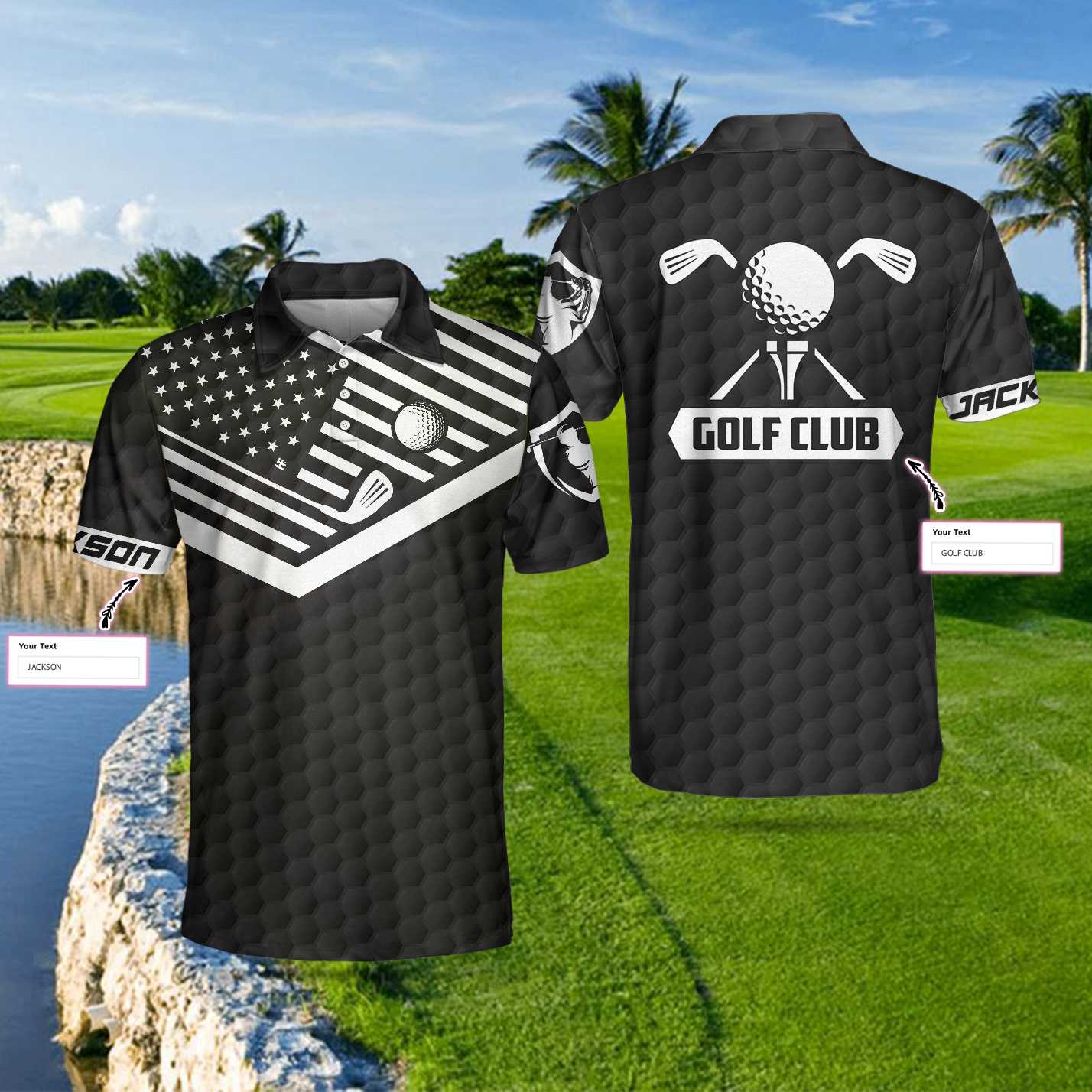 Golf Ball And Golf Club Custom Polo Shirt, Personalized Black American Flag Polo Shirt, Best Golf Shirt For Men
