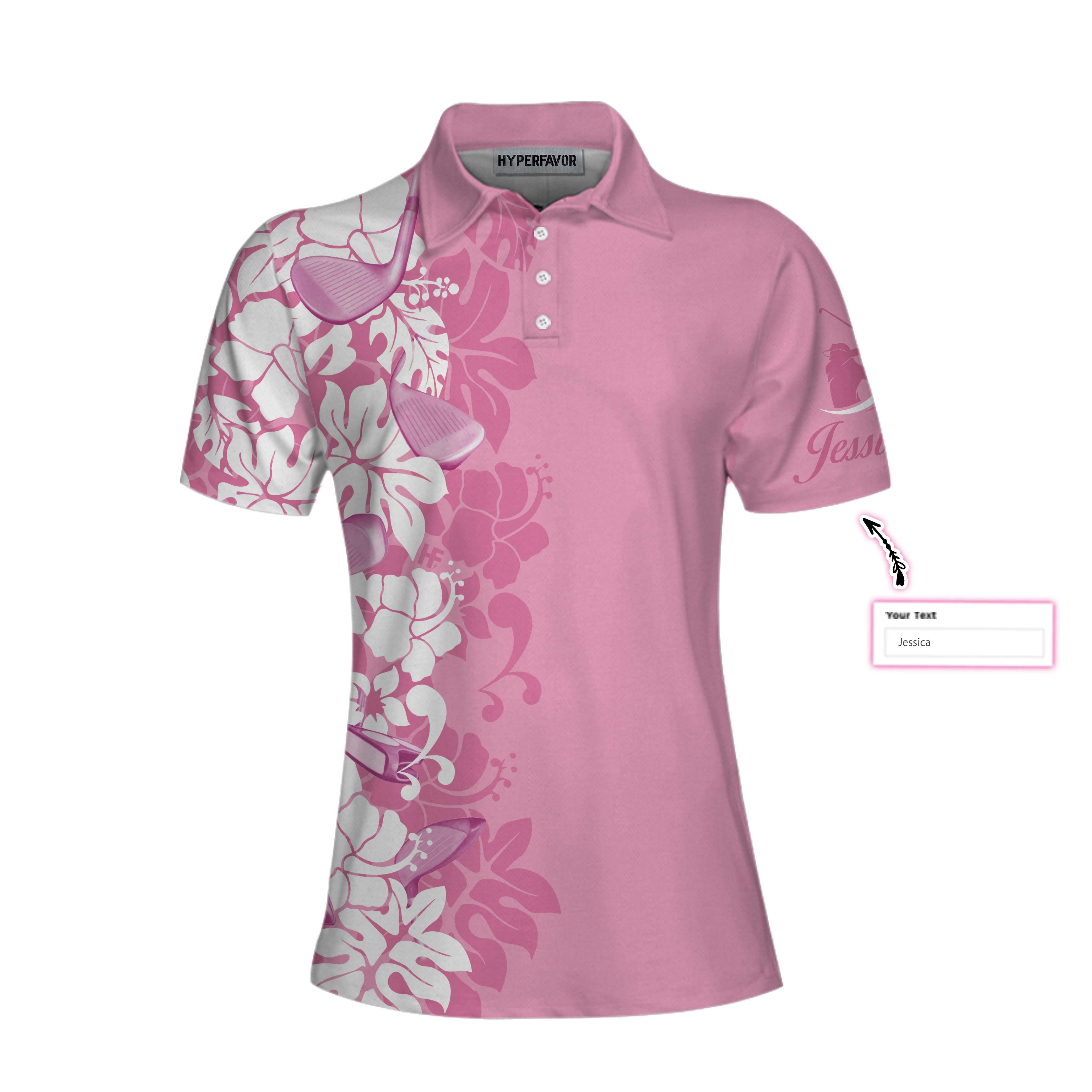 Golfer Flower Pink Custom Short Sleeve Women Polo Shirt, Personalized Floral Golf Shirt For Ladies