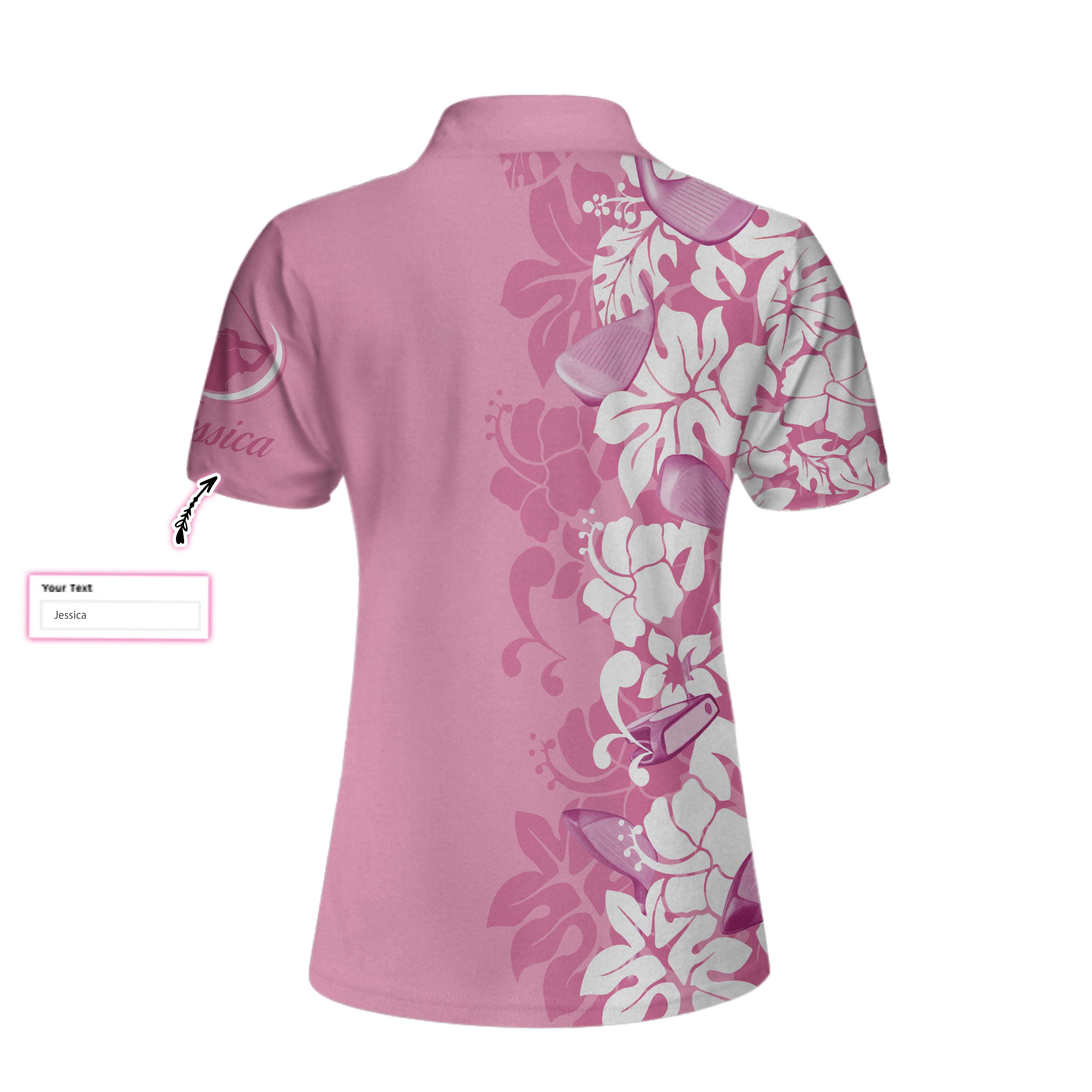 Golfer Flower Pink Custom Short Sleeve Women Polo Shirt, Personalized Floral Golf Shirt For Ladies