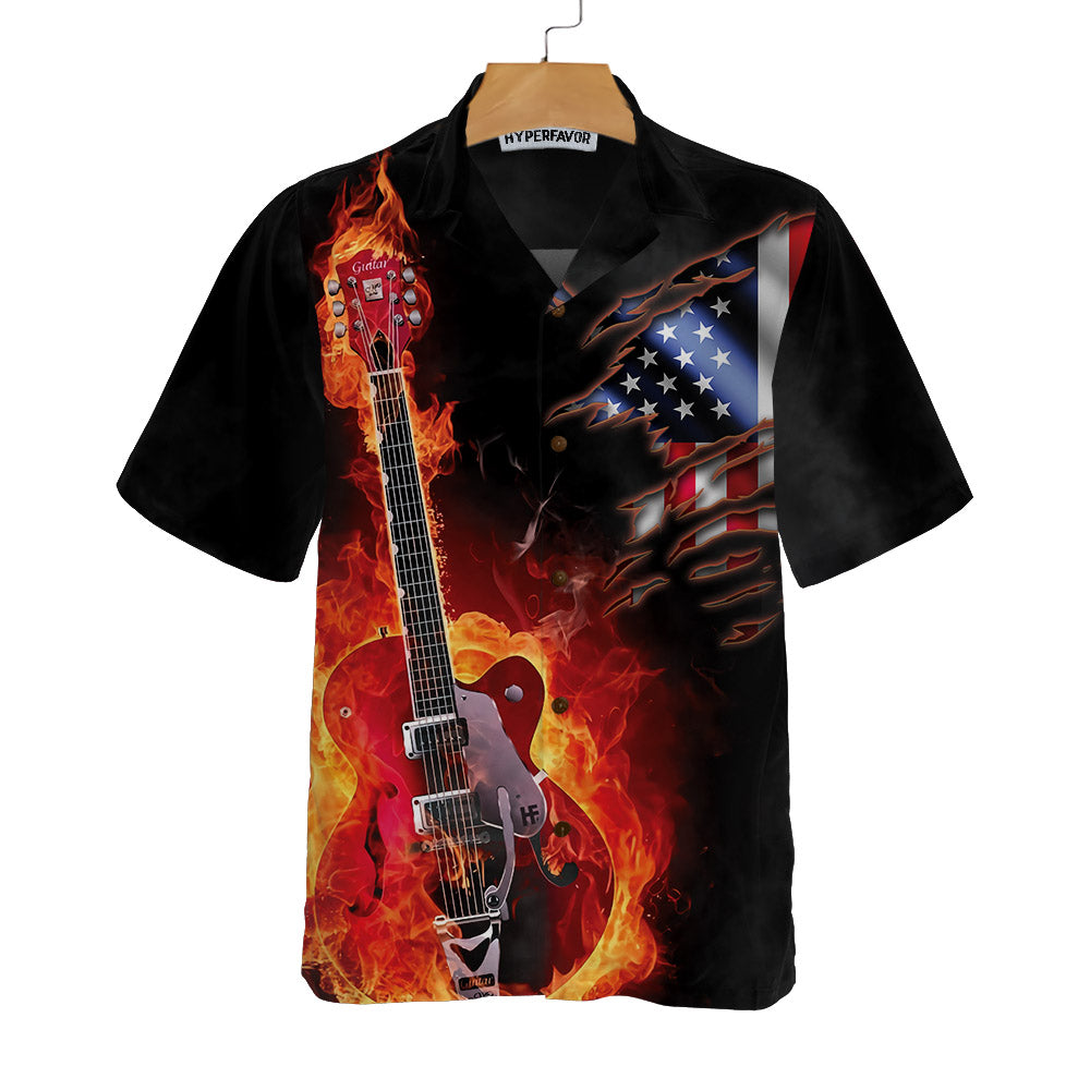 Guitar On Fire Hawaiian Shirt, American Flag Fire Guitar Shirt