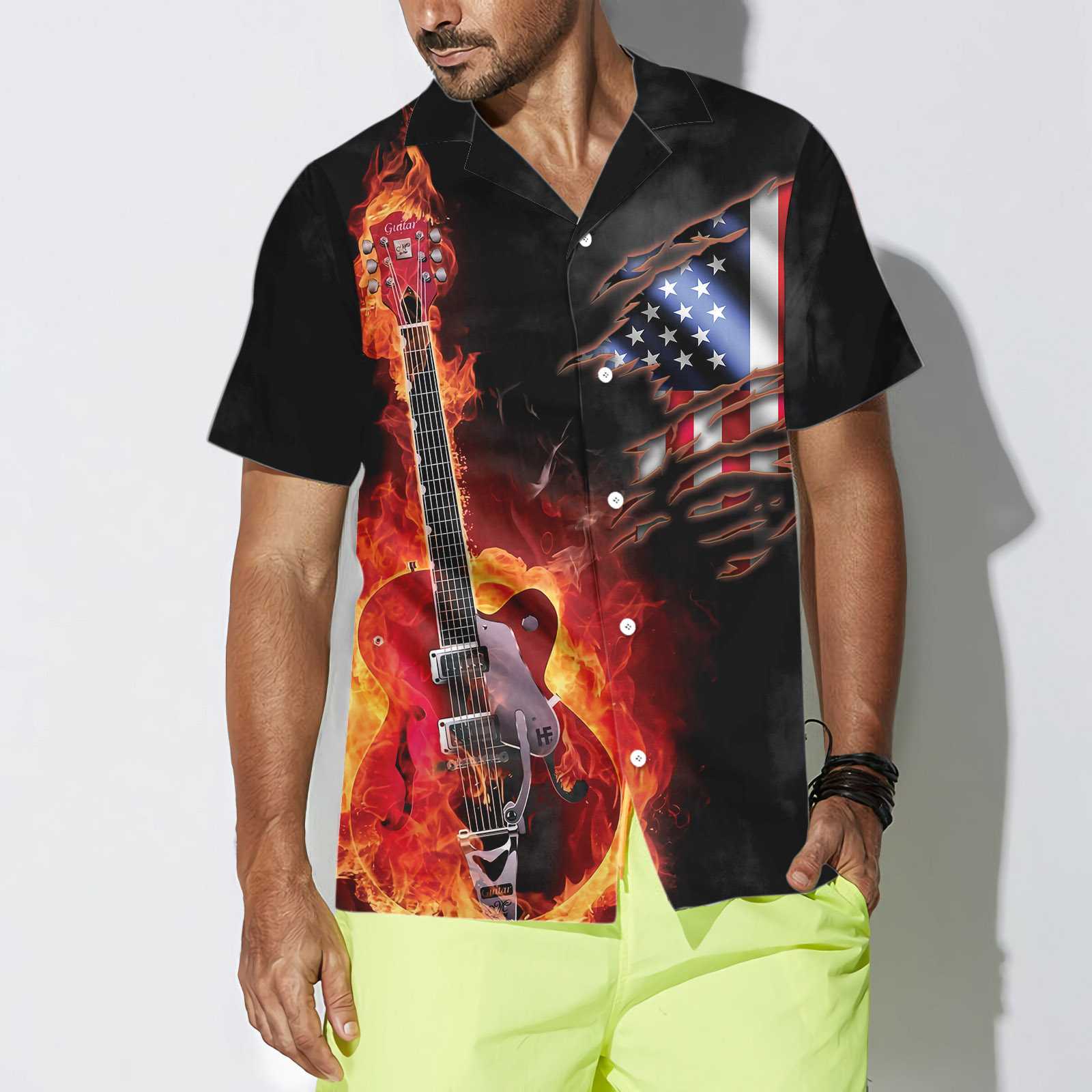 Guitar On Fire Hawaiian Shirt, American Flag Fire Guitar Shirt