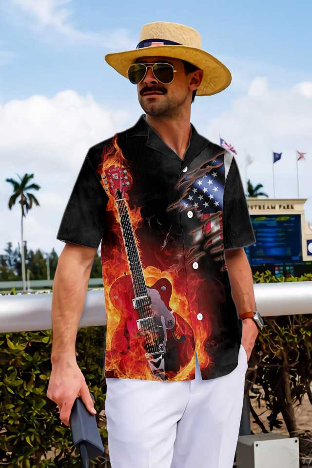 Guitar On Fire Hawaiian Shirt, American Flag Fire Guitar Shirt