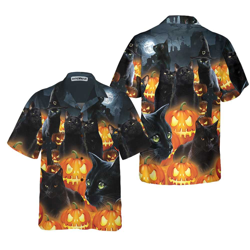 Halloween Black Cat & Pumpkin Hawaiian Shirt, Spooky Halloween Shirt For Men And Women