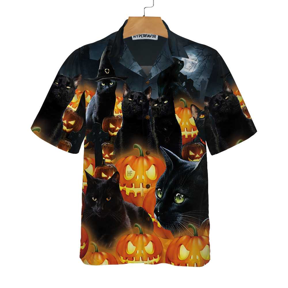 Halloween Black Cat & Pumpkin Hawaiian Shirt, Spooky Halloween Shirt For Men And Women
